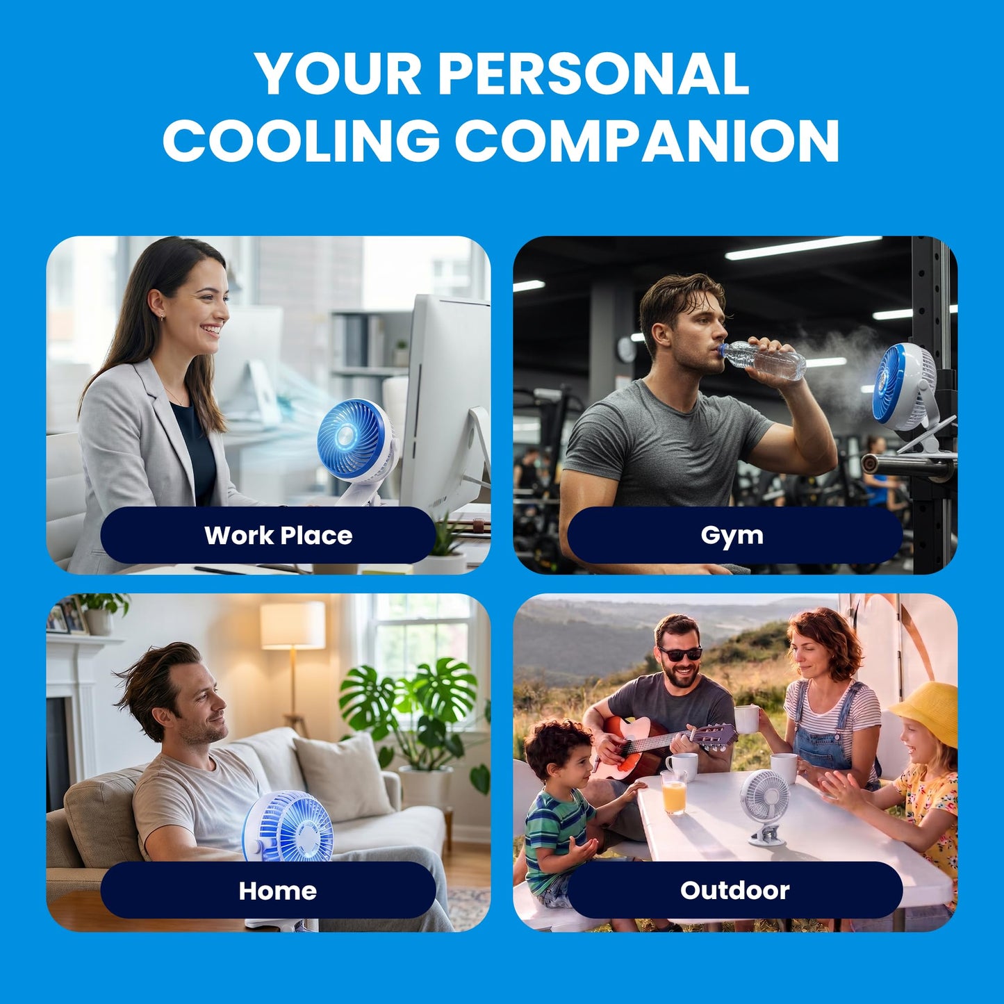 Spark Innovators Go Fan Blue Steel Portable Desk Fan with Cooling Plate