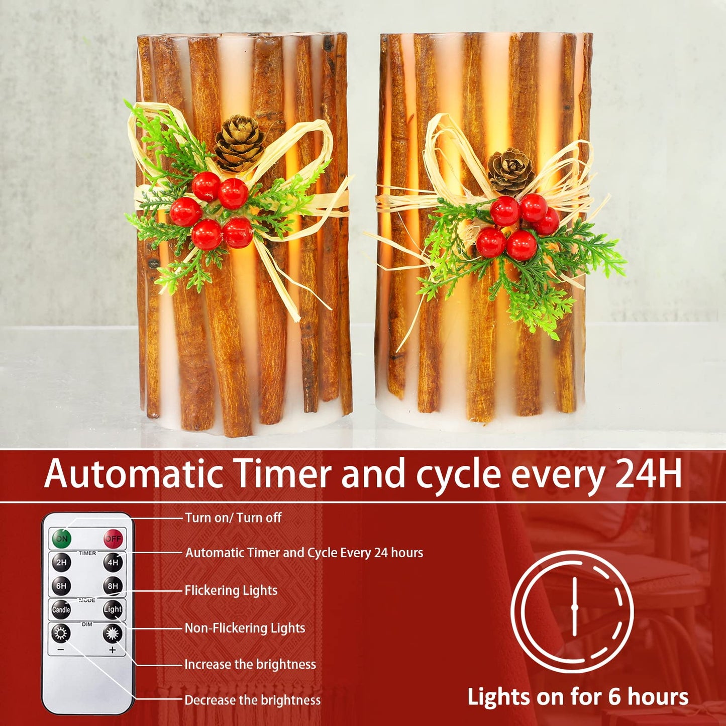 MELTONE Christmas Decorations Flameless Candles Embedded Cassia Bark LED Candles with Remote Real Wax Fake Candles for Home Party Holiday Xmas Decor