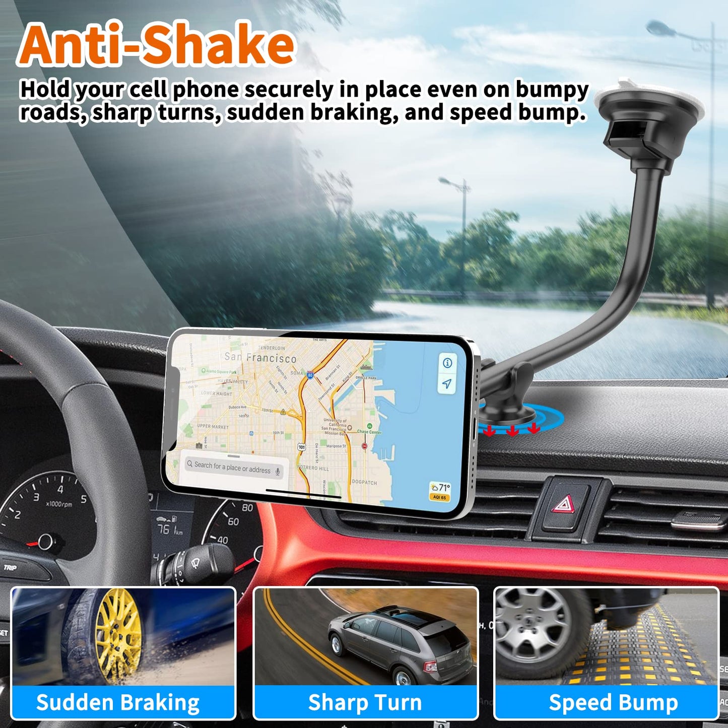 1Zero Magnetic Phone Car Mount 14-Inch Gooseneck Long Arm Extension, Universal Windshield Dashboard Industrial-Strength Suction Cup Car Phone Holder
