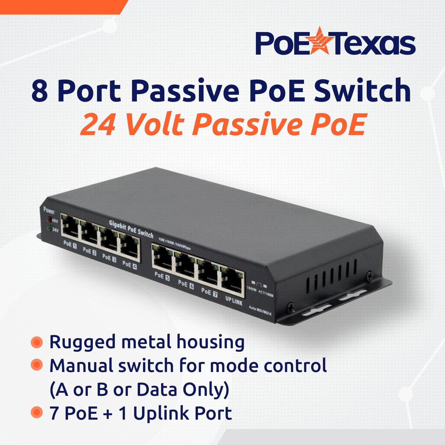 PoE Texas 8 Port Passive PoE Switch - 24v Passive Unmanaged Network Gigabit PoE Switch w/ 1 Uplink Port, Power 7 Devices, Includes 24 Volt 60 Watt