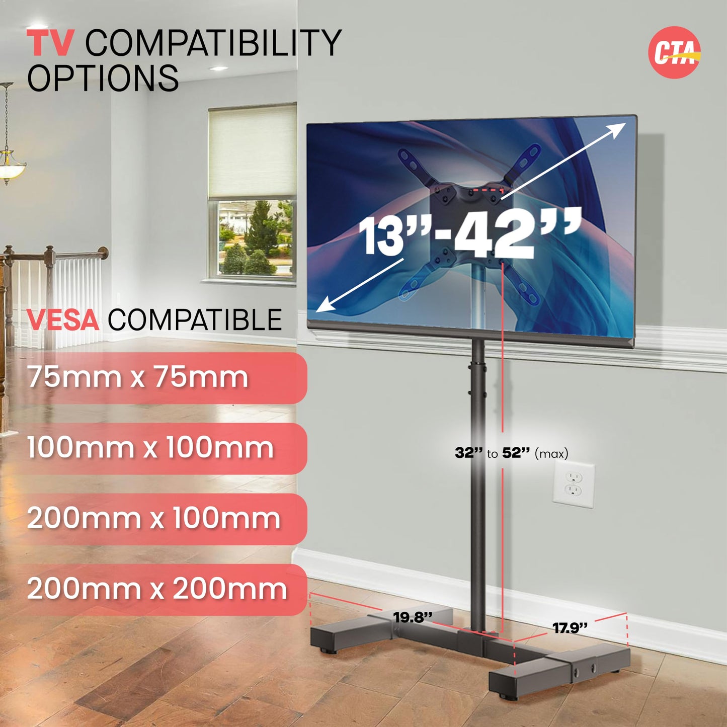 CTA Height Adjustable TV Stand - CTA VESA-Compatible Universal Floor Stand for TVs & Monitors 13-42-inch up to 44 lbs. - Black (ADD-DMHA)