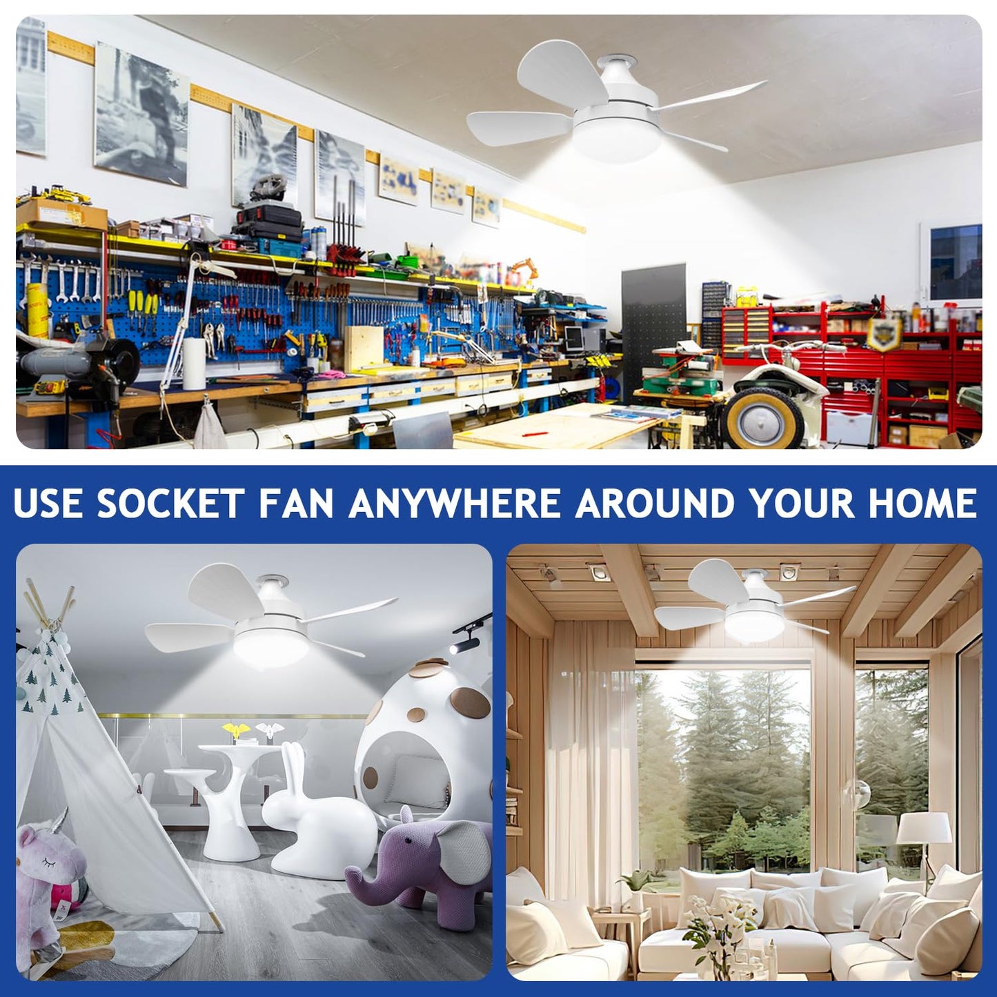 Jolimark 2000 Lumen Socket Ceiling Fan Light with Remote, E26 Socket, 3 Speed Noiseless Dimmable Fan, Adjustable CCT, 2/4H Timer, for Kitchen Bathroom
