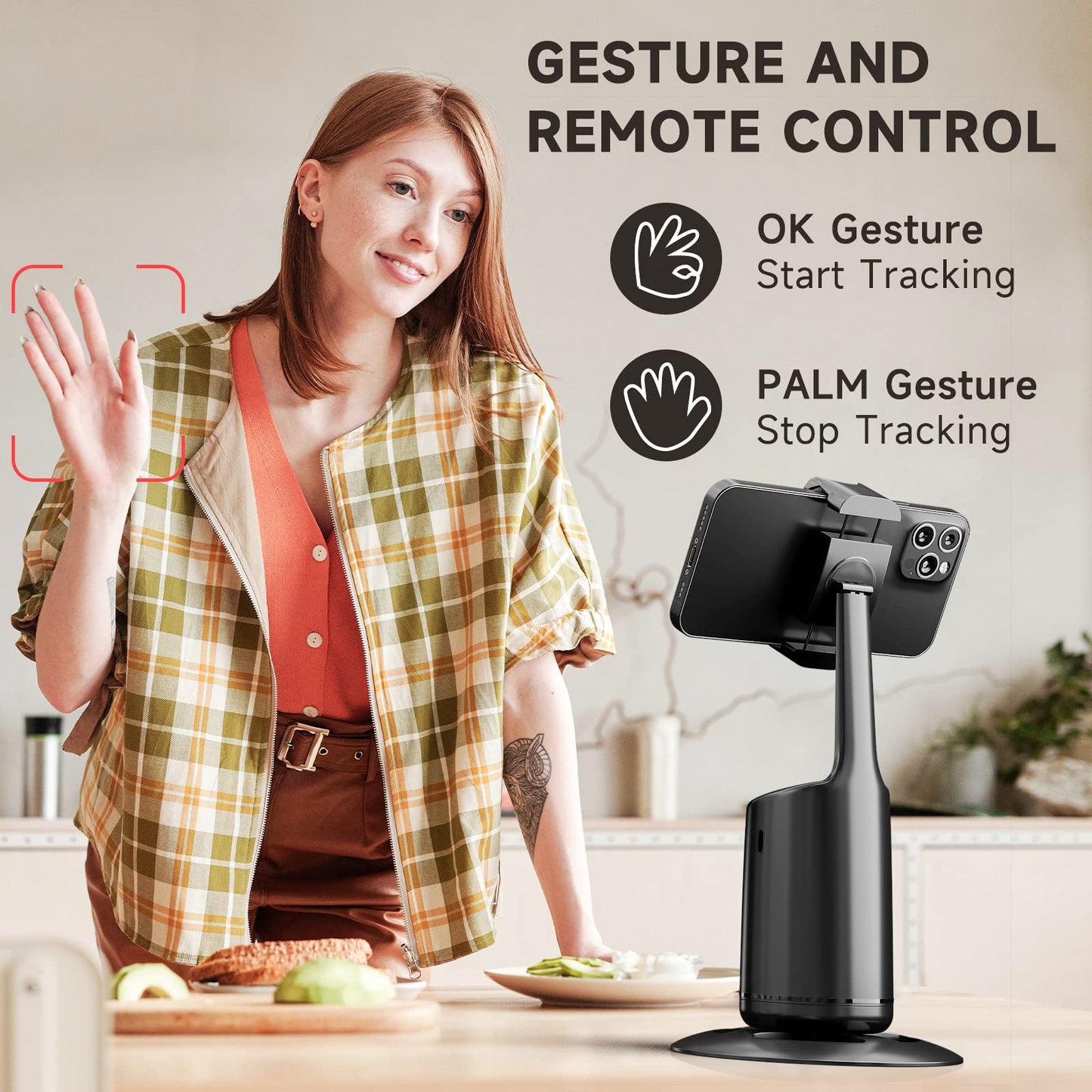 Auto Face Tracking Tripod - 360° Rotation Auto Tracking Phone Holder, No App, Phone Camera Mount with Remote and Gesture Control, Rechargeable Smart