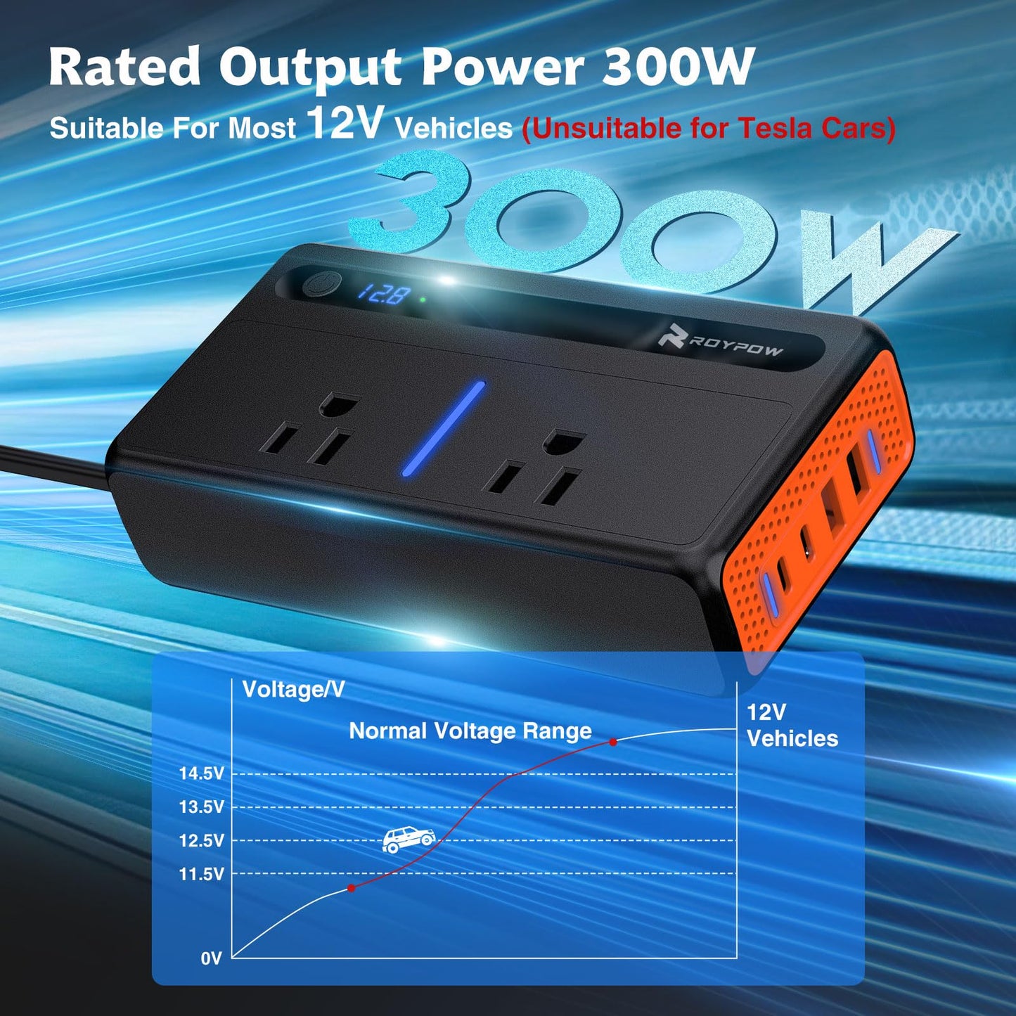 RoyPow 300W Car Power Inverter, DC 12V to 110V AC Power Inverter with Cigarette Lighter Port, Car Plug Adapter Outlet with 3.4A USB-A, QC3.0 24W, PD