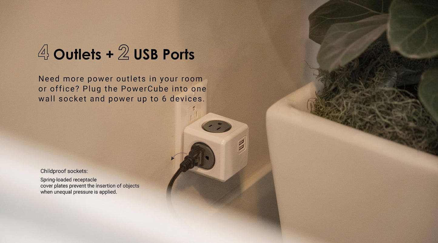 Allocacoc PowerCube Original USB; 4 Outlets Surge Protector 2 USBs Cubic Multi Socket Extender Power Tab Space Saving Compact No Blockage Dorm Home