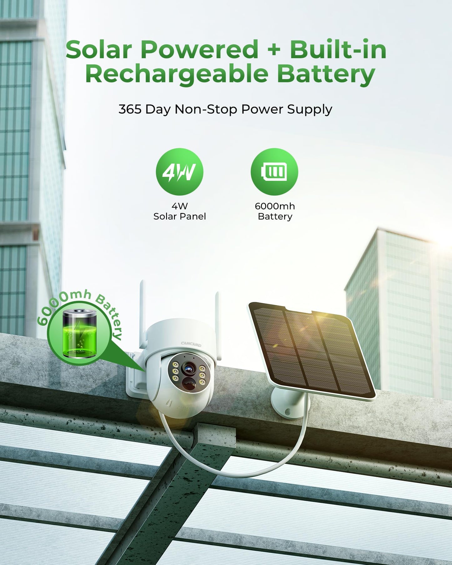 CAMCAMP 2K PTZ Wireless Solar Security Camera Outdoor for Solar Powered Home Security Camera Wireless System, No WiFi Need, Color Night Vision PIR