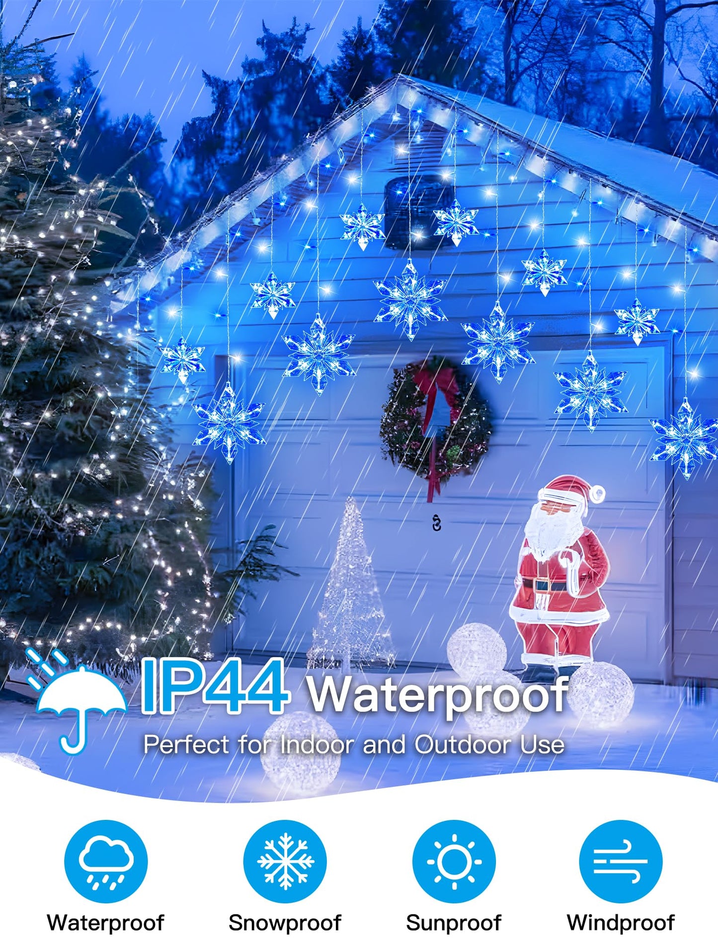 Qunlight Christmas Snowflake Lights,8.2ft 144LED Curtain Icicle Lights with 12 Drops,Connectable 8 Modes Timer Xmas Icicle Light Plug in