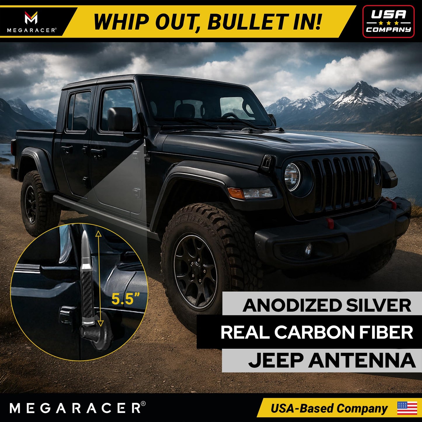 Anodized Silver Carbon Fiber 50 Cal Bullet Antenna for Jeep Wrangler JK JL & Gladiator JT (2007-2024), Rubicon Sahara Willys Mojave 4xe Accessories