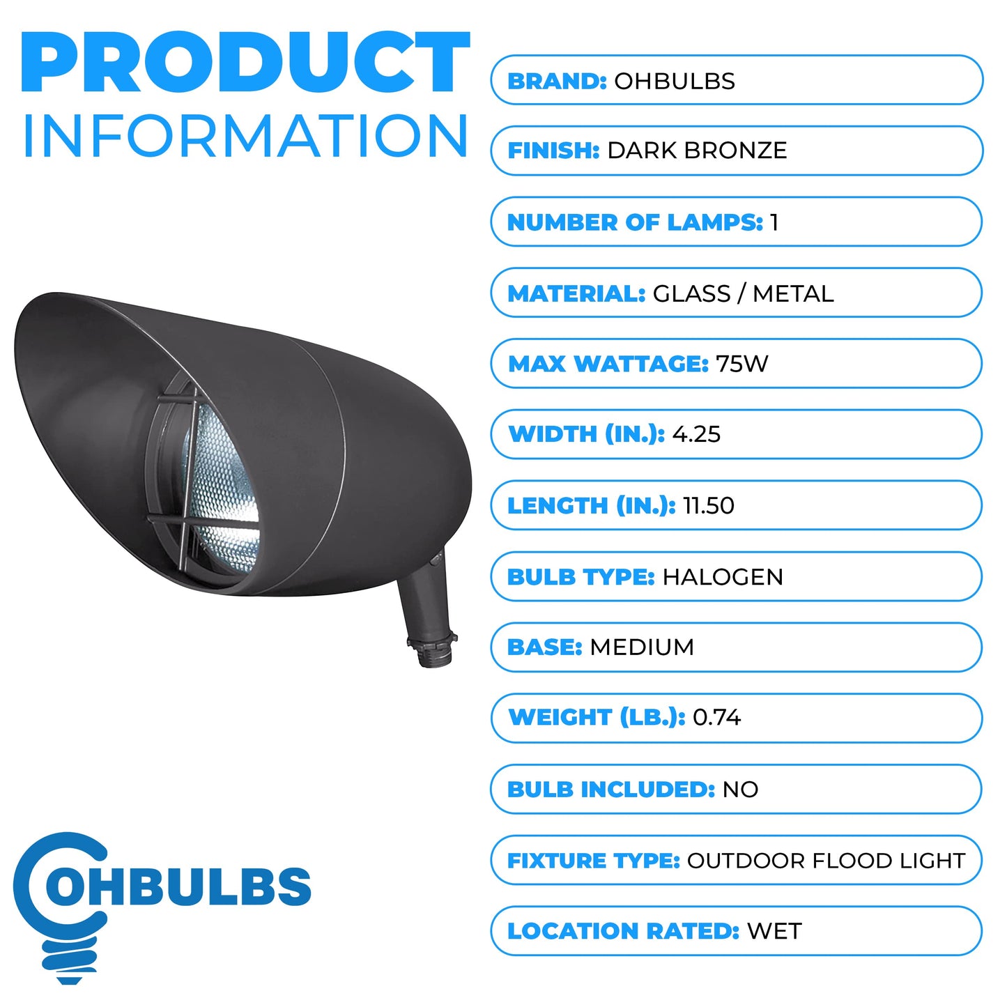 OHBULBS 1-Light Landscape Flood Light Fixtures - 75W Non-Dimmable Halogen Light Fixture - Outdoor Light Fixture - Ceiling Mount - Dark Bronze Finish