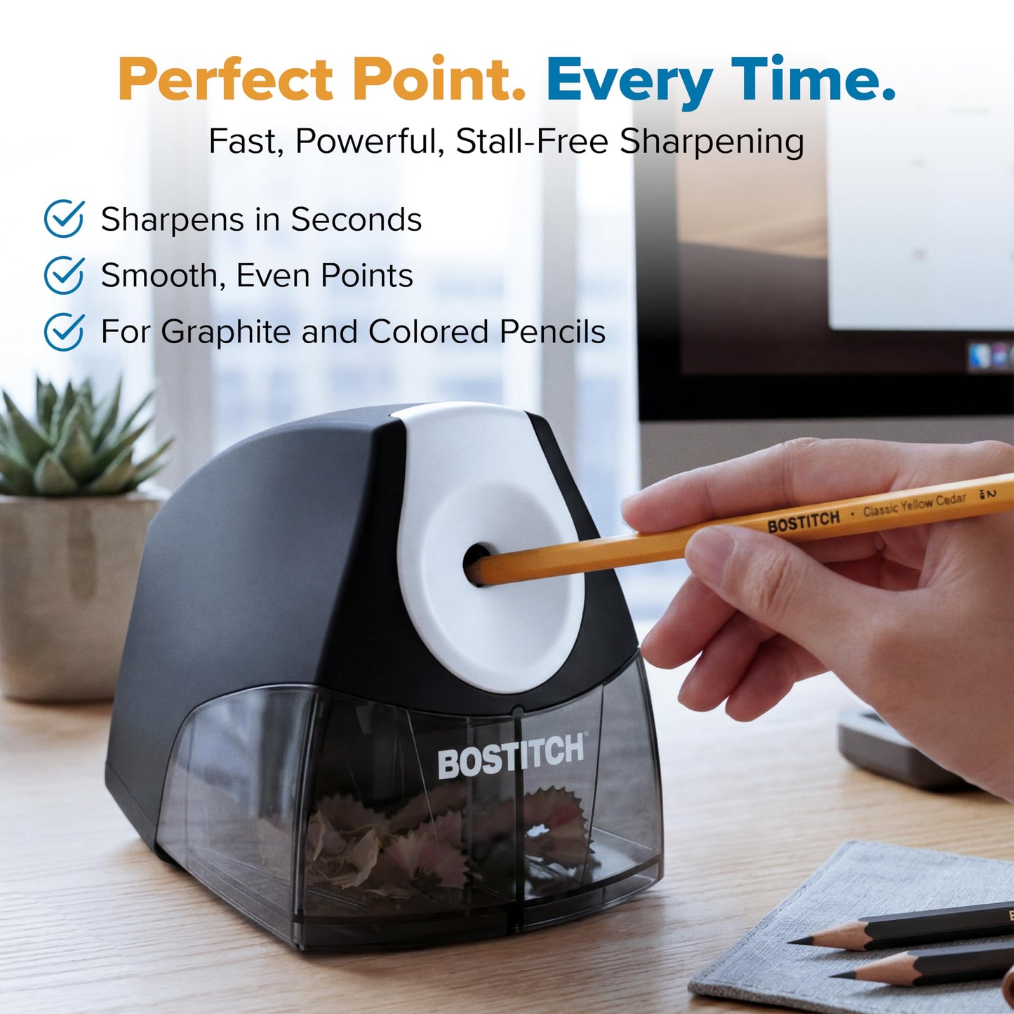 Bostitch Office Electric Pencil Sharpener for Classroom & Desk Use, Heavy-Duty Stall-Free Motor, High-Capacity Shavings Tray, Black
