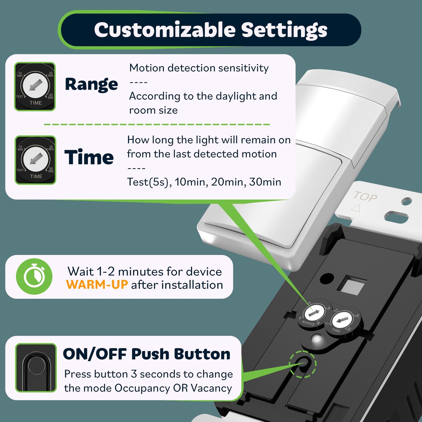 TOPGREENER PIR Motion Sensor Light Switch, Occupancy & Vacancy Motion Sensor Switch, ???????????????? ?????????????? ???????????? ????????, No Neutral Wire, Single Pole