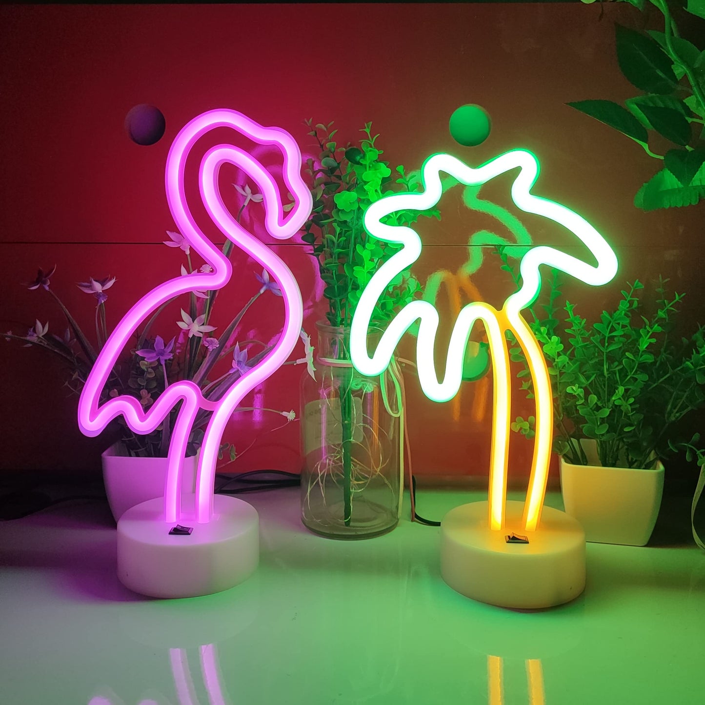 JYWJ Flamingo Neon Sign with Holder Base,USB or 3-AA Battery Powered Neon Light,LED Desktop Wall Decoration,Various Parties,Decoration of Business