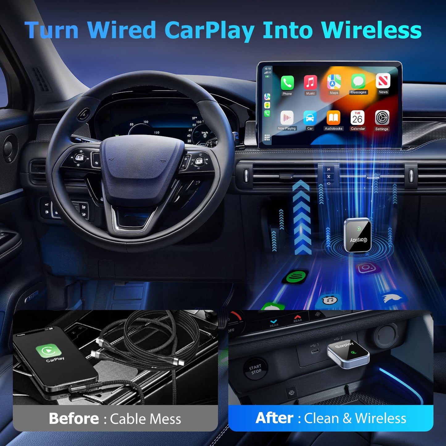 ROLRAFIC Wireless CarPlay Adapter for iPhone, CarPlay Dongle Converts Wired to Wireless Carplay, Plug & Play Mini Size CarPlay Adapter Compatible