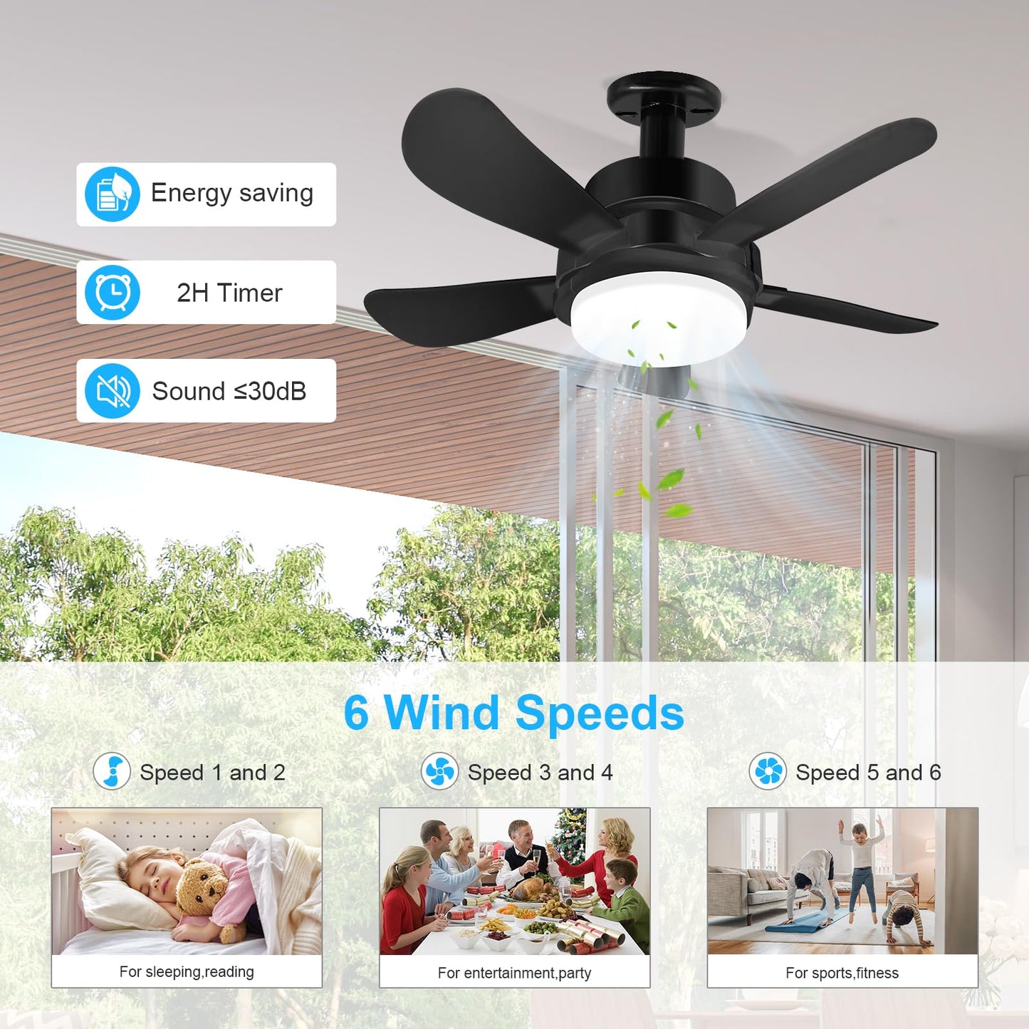 Socket Fan Light With Remote, Screw Ceiling Fans with Lights, 5 Reversible Blades, Quiet 6-Speed DC Motor, Dimmable Socket Fan for Garage Bathroom