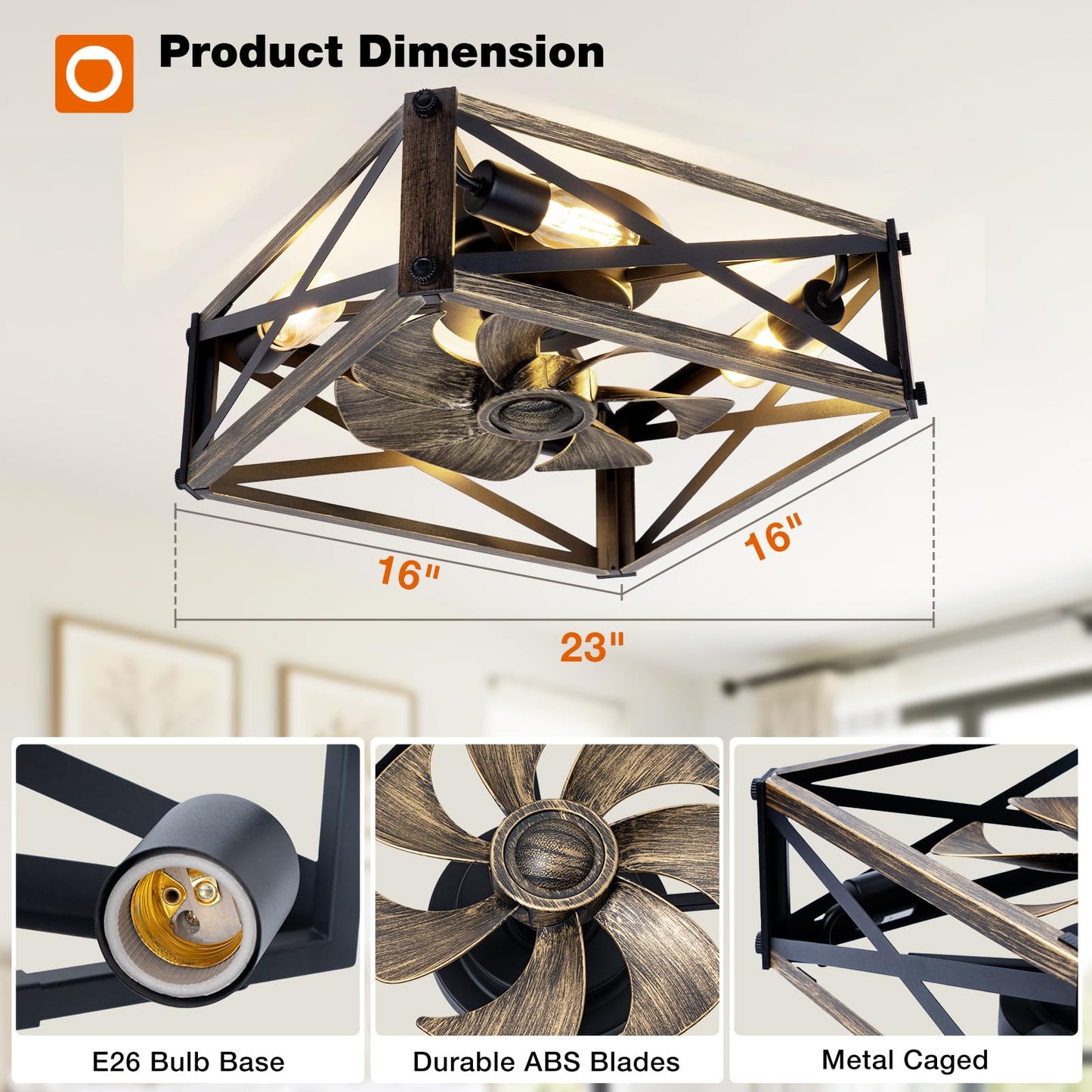 addlon Farmhouse Caged Low Profile Ceiling Fans with Lights, Remote Control
