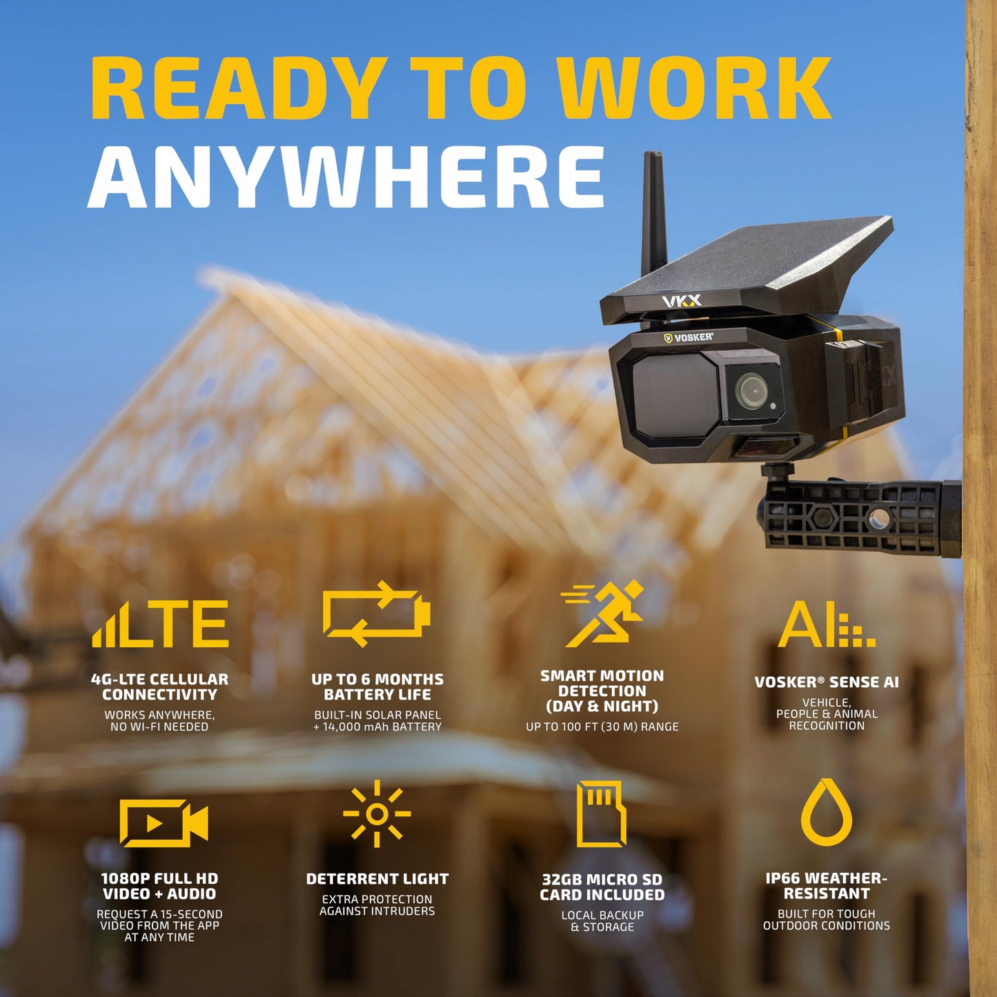 Vosker VKX Construction Pack Solar 4G LTE Security Camera, Wireless Outdoor Surveillance for Remote Construction Sites - No Wi-Fi Needed, SIM Card