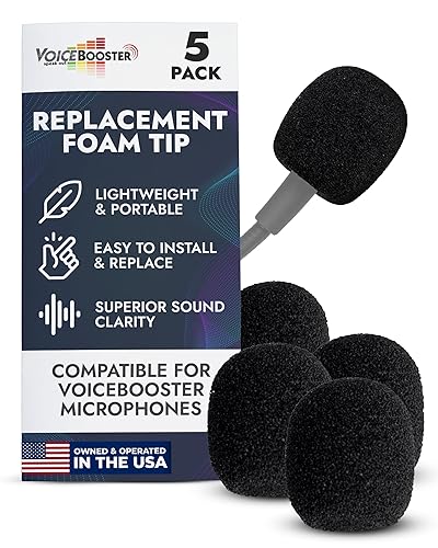 Set of 5 Replacement Foam Tip for VoiceBooster & Aker Microphones - Mic Foam Tip Covers for 1/2-Inch Headset & Tie-Clip Mics - Noise-Reducing