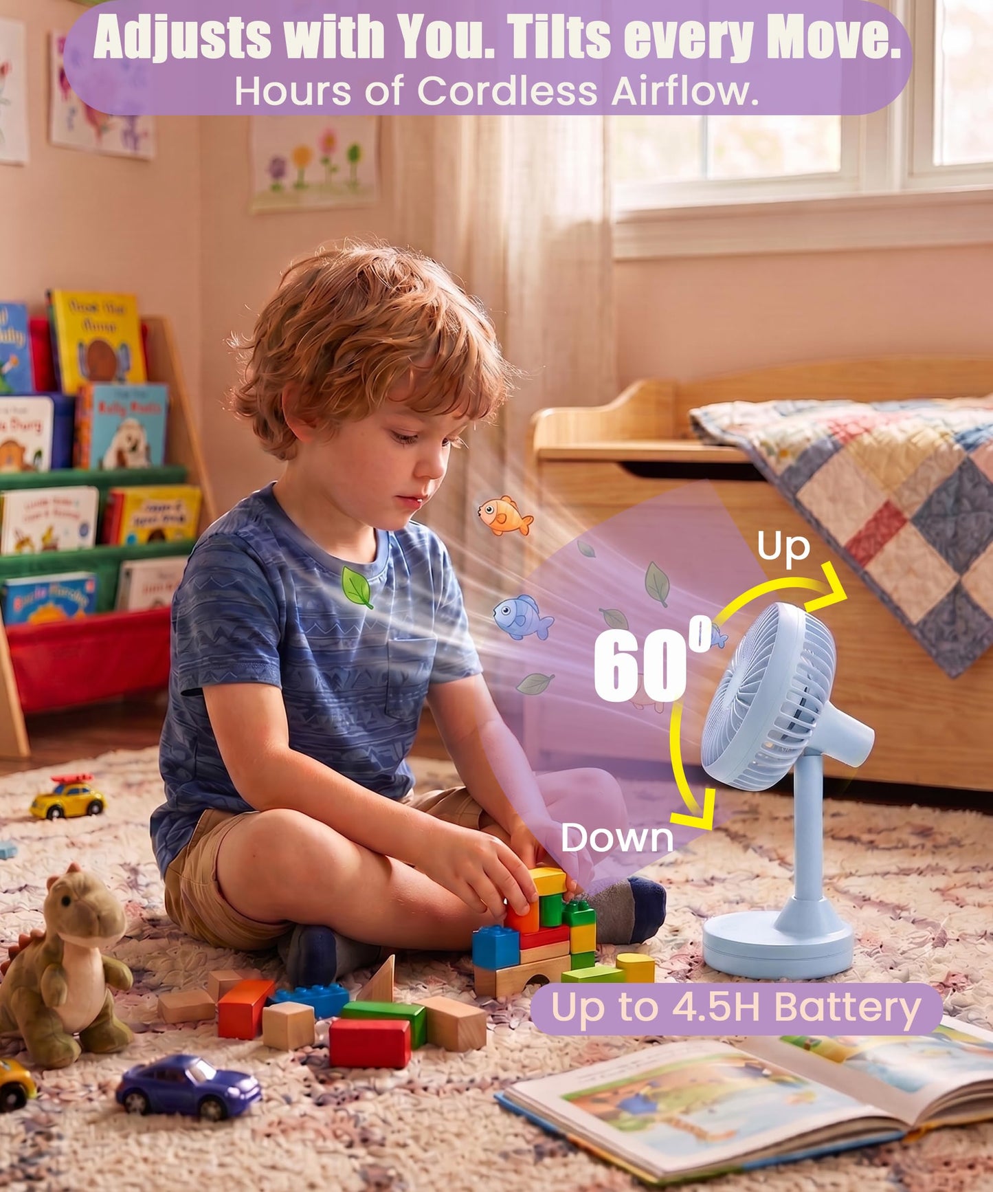 DYEWEAVE Cute Small Rechargeable 90° Oscillating Desk Fan, 25dB Ultra-Quiet