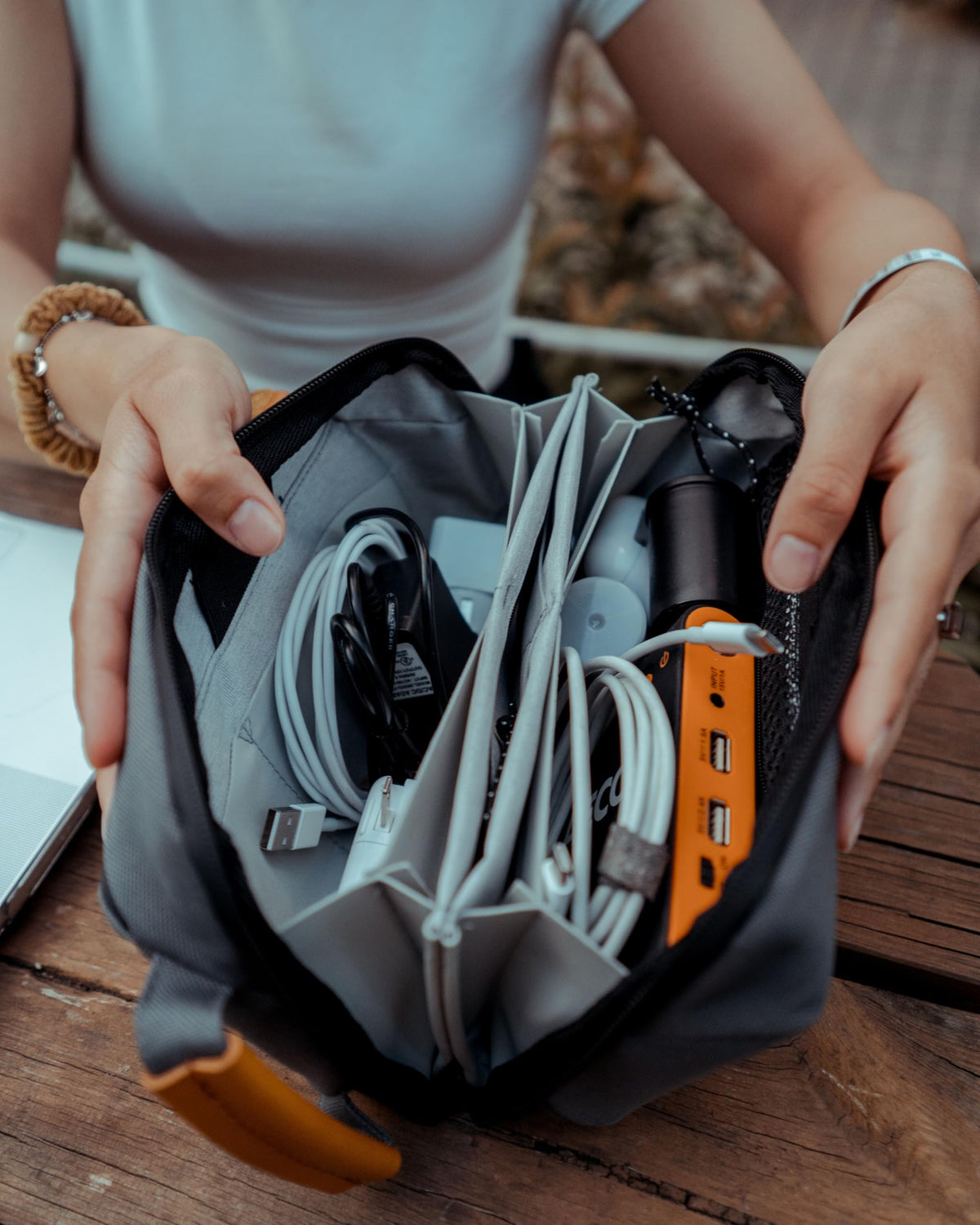 Tech Bag Organizer - Small Electronics Organizer Pouch for Travel - Premium Travel Case with Leather Accents - Mesh Pocket for Cables, Cords and