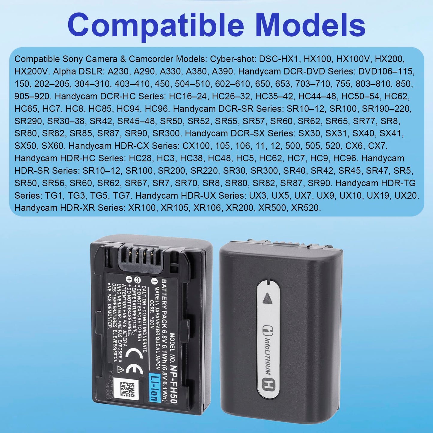 NP-FH50 NP-FH40 NP-FH30 NP-FP50 NP-FP51 1040mAh Replacement Battery Compatible for Sony Cyber-Shot A230 A290 A390 DSC-HX1 HX100 HX100V HX200 HX200V