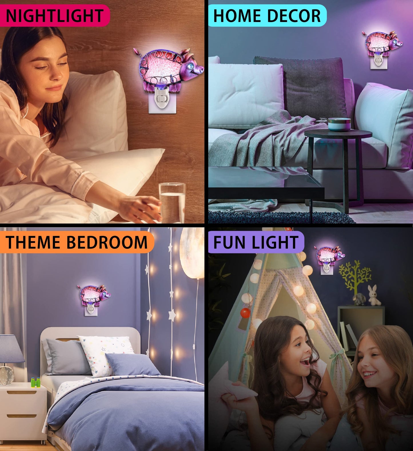 Puzzled Glass Pig Night Light - Decorative Glass Art Animal Night Light for Kids with On and Off Switch, Cute Lamp for Nursery Room, Perfect Plug in