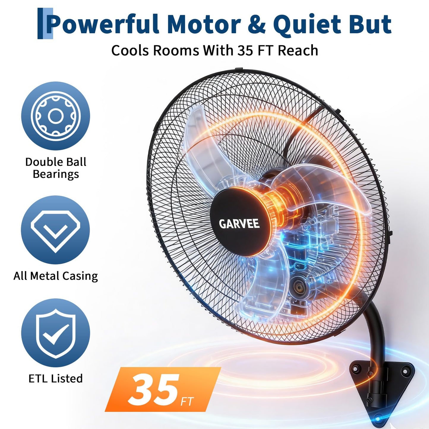Garvee 20 Inch Oscillating Wall Mount Fan, 3 Speed High Velocity 4800 CFM Industrial Wall Fan, 90° Oscillation & 30° Tilt Cooling,Wall Fan for Home