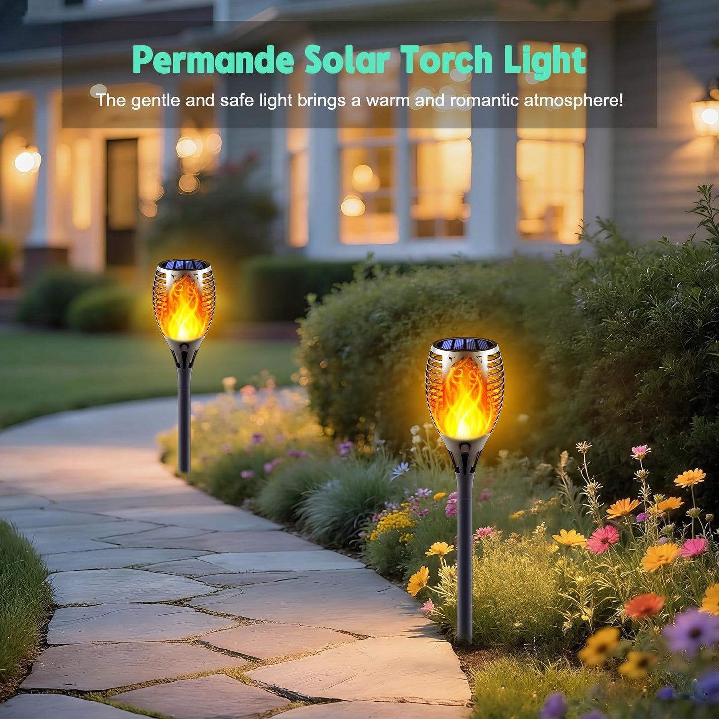 Permande Solar Torch Lights with Flickering Flame, Fire Effect Garden Light, Auto On/Off Dust to Dawn, Outdoor Waterproof Landscape Decoration