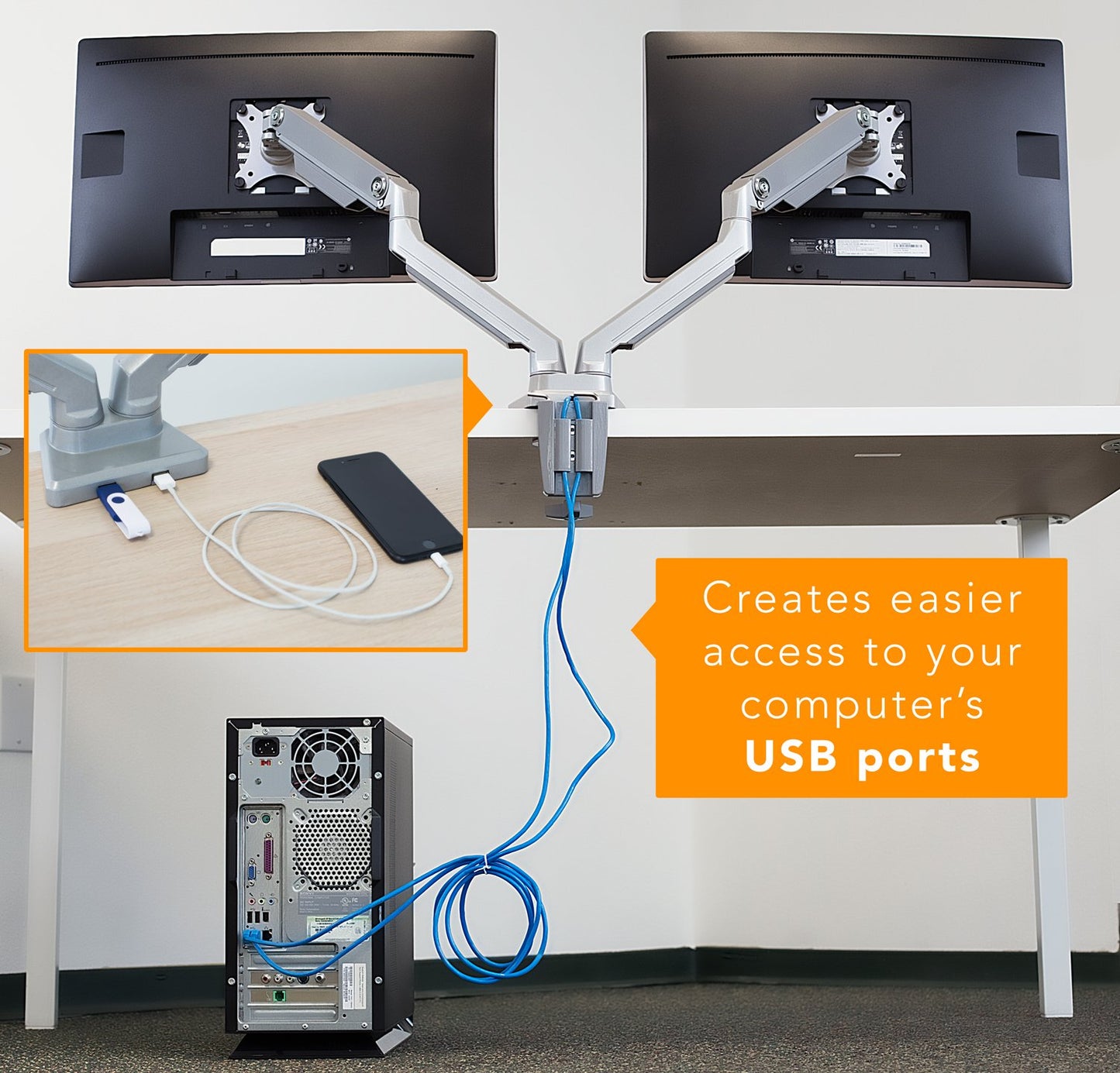 Mount-It! Dual Monitor Desk Mount with USB 3.0 Ports, Full Motion Dual Monitor Stand for 2 Screens up to 32 Inches, VESA 75x75 & 100x100, Clamp or