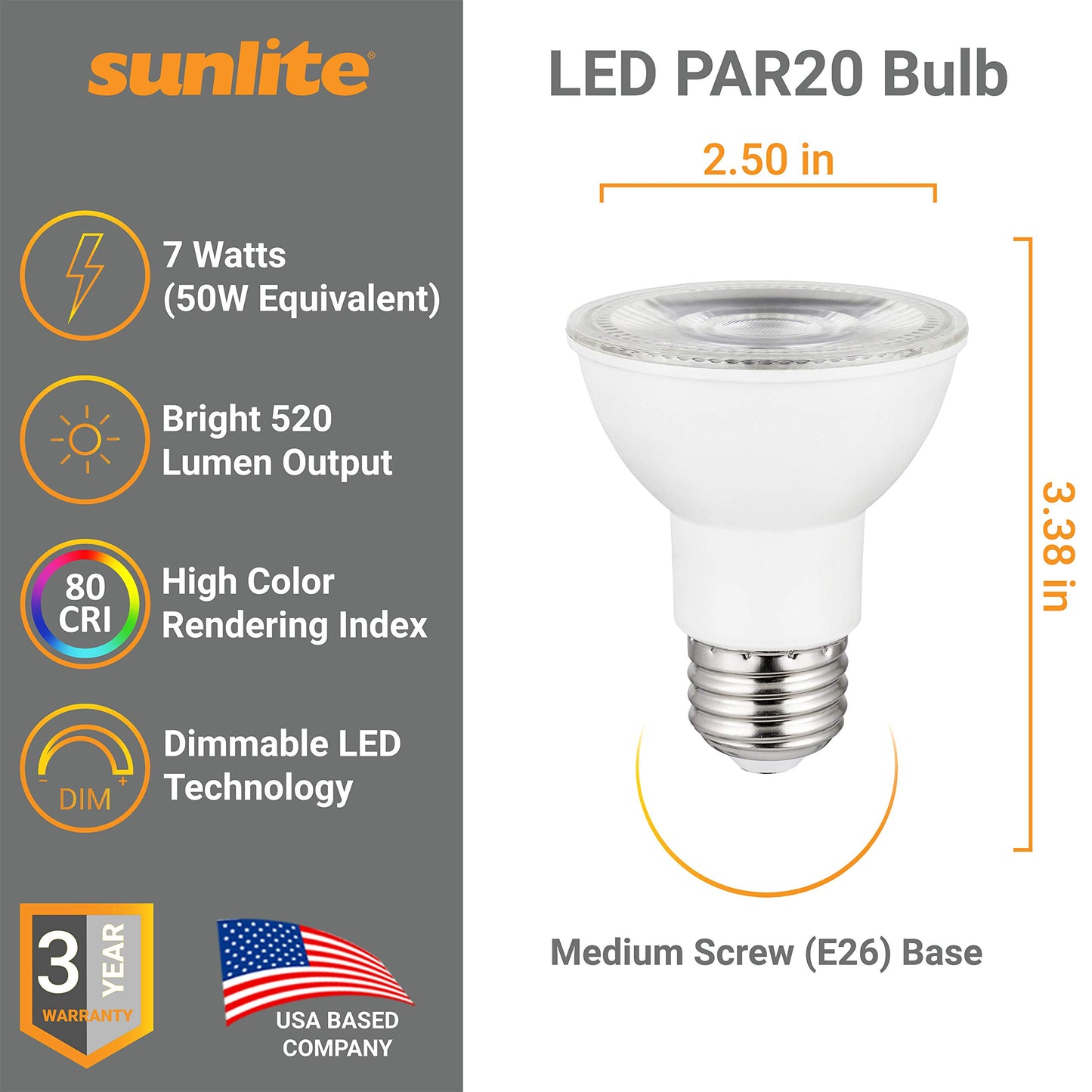 Sunlite LED PAR20 Reflector Light Bulb, 7 Watts (50W Equivalent), 520 Lumens, Medium E26 Base, Dimmable, Spotlight, 6 Pack, 40K - Cool White