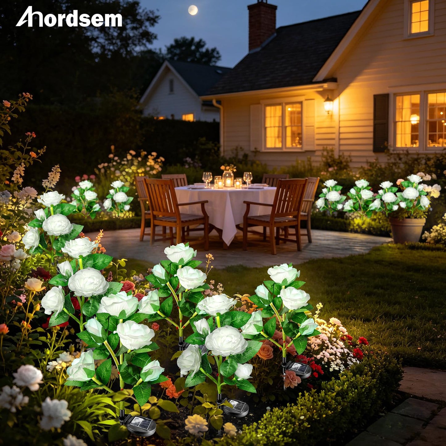 Anordsem Solar Garden Lights Outdoor: 10 Waterproof Fabric Roses 2 Pack - White LED Flower Decorations for Yard Patio Path Cemetery Grave - Mother 's