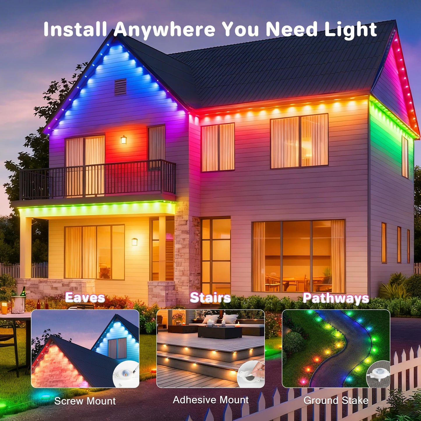 Briteglotec 50ft Permanent Outdoor Lights with 30 Bright LEDs, 120° Wide Beam RGBIC Smart Eave Lights, 16 Million Colors & Music Sync, IP67 Waterproof