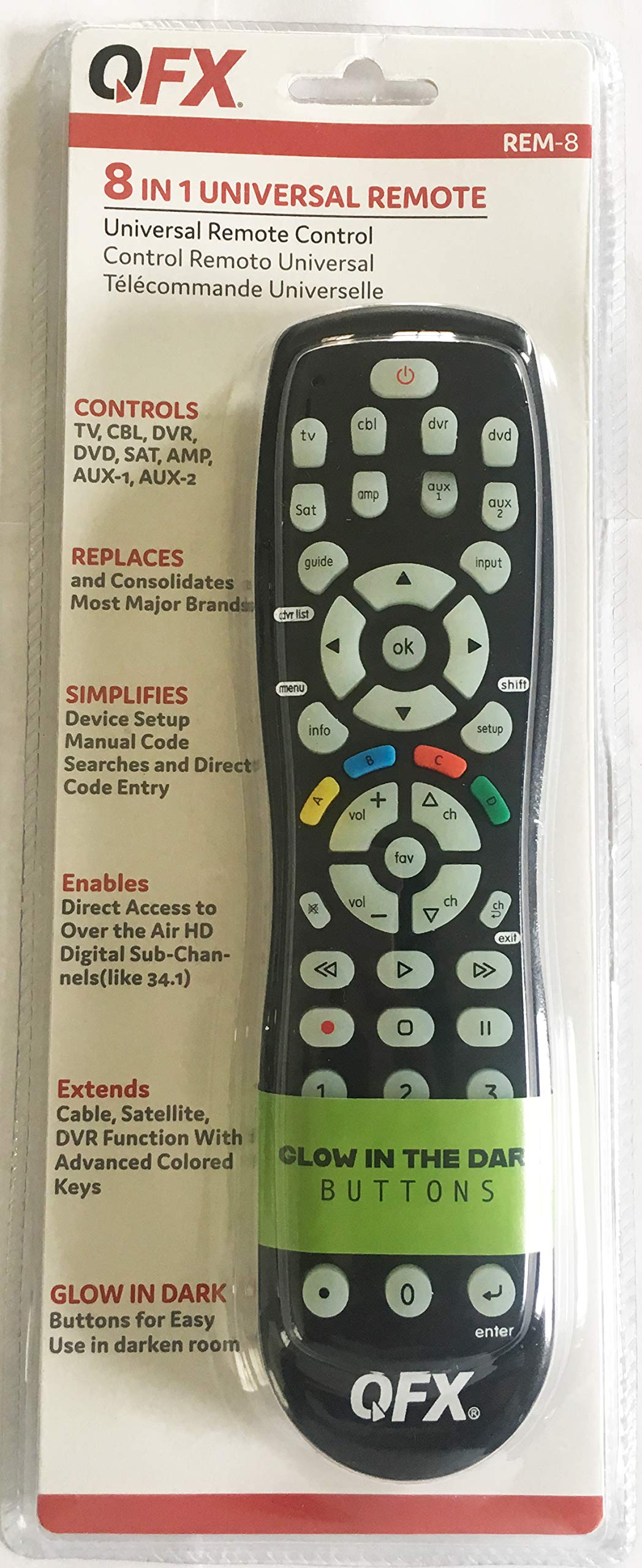 QFX 8-in-1 Universal Remote with Glow-in-The-Dark Buttons (REM-8)