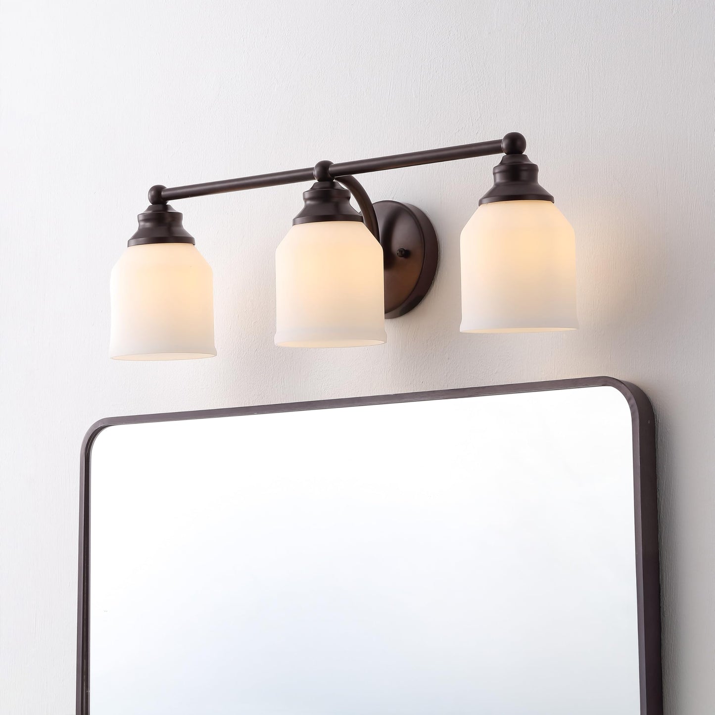 JONATHAN Y 24" Oil Rubbed Bronze/White Modern Farmhouse LED Vanity Light Wall Sconce Fixture, Frosted White Glass Shade, Dimmable Wall Lamp