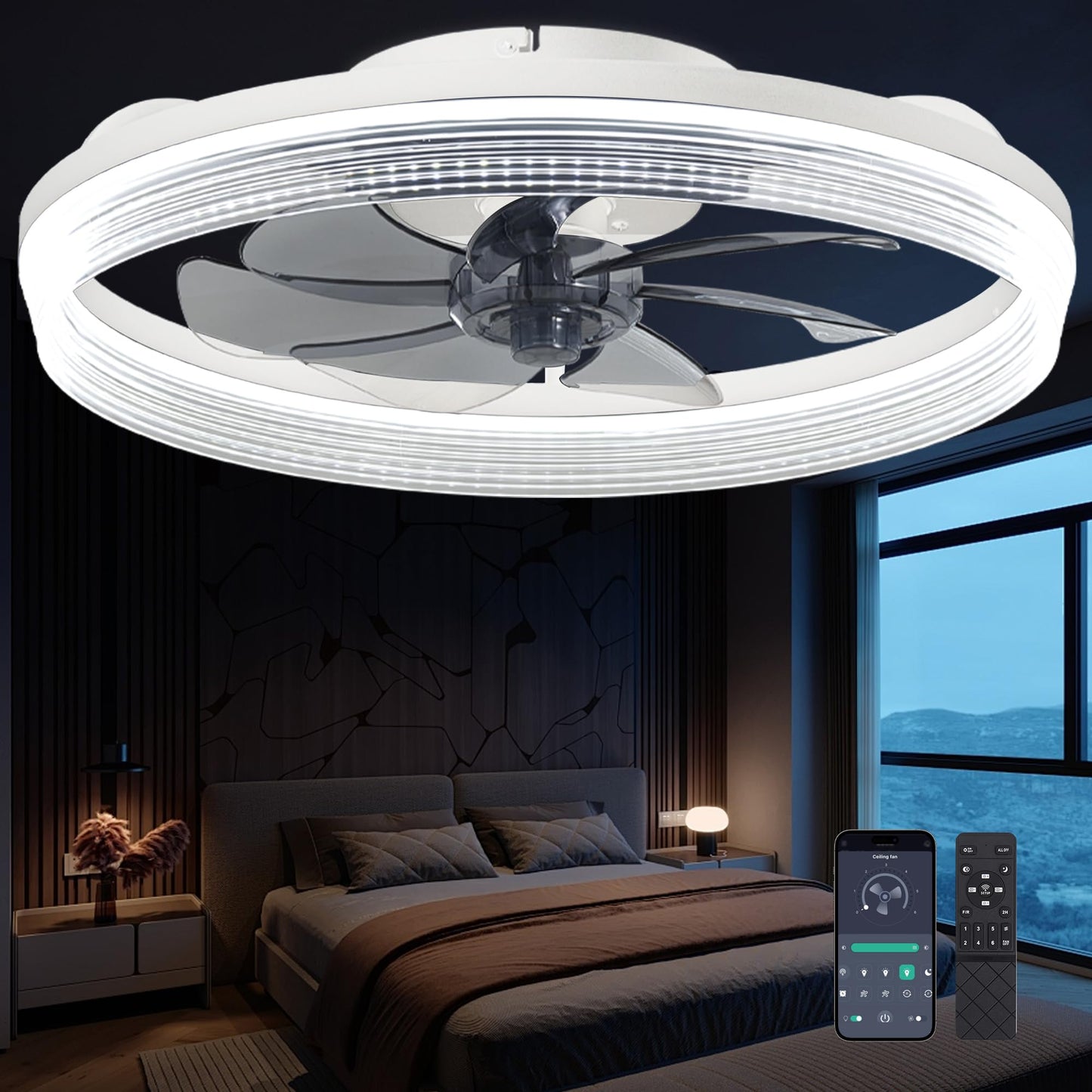 Ceiling Fans with Lights and Remote Fandelier - 20'' White Flush Mount Low Profile Modern Ceiling Fans for Bedroom - Stepless Color Temperature and 6