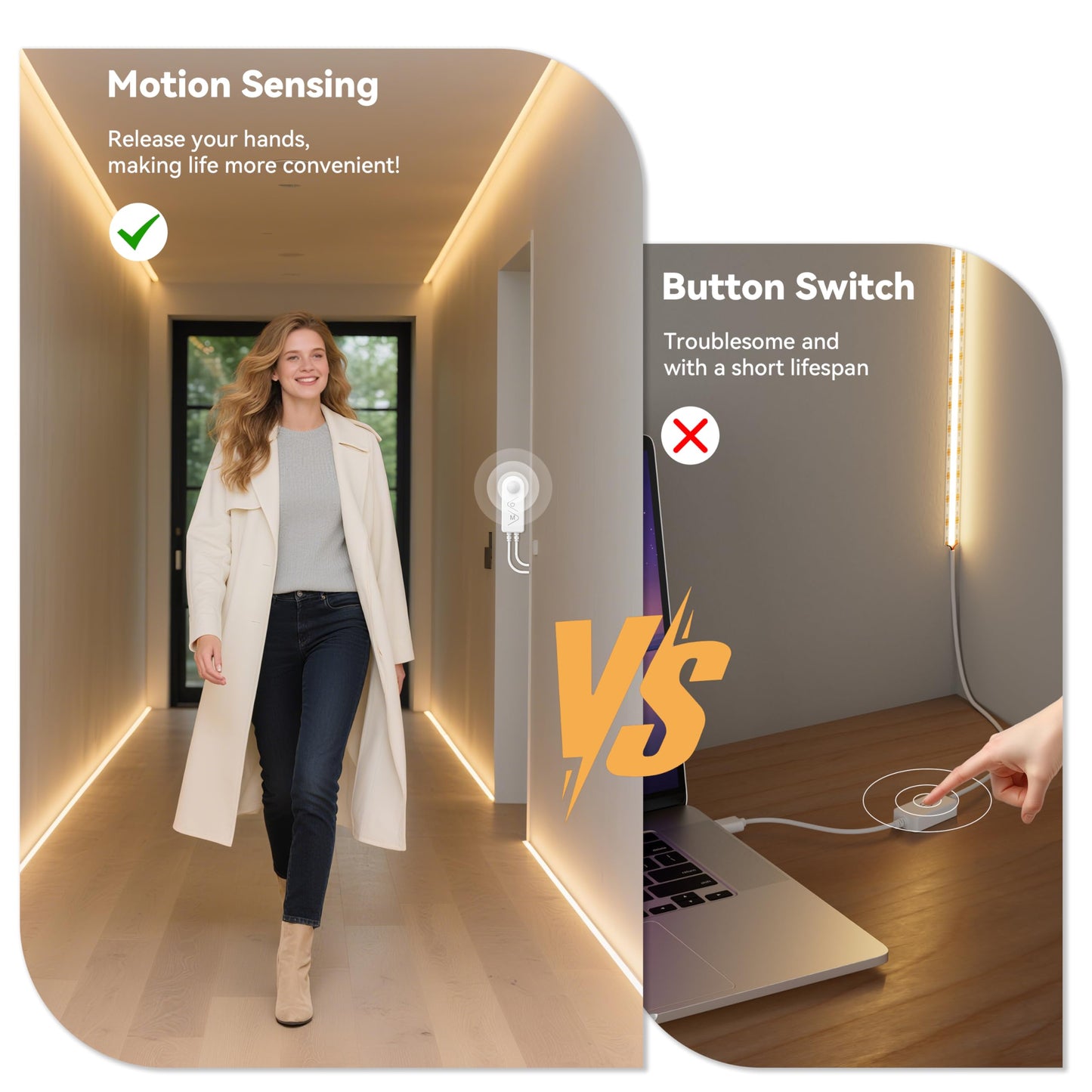 PAUTIX COB LED Strip Lights 2700K Warm White,Motion Sensor LED Lights,Dimmable 24V Motion Activated LED Strip Light,20ft Super Bright with Dual