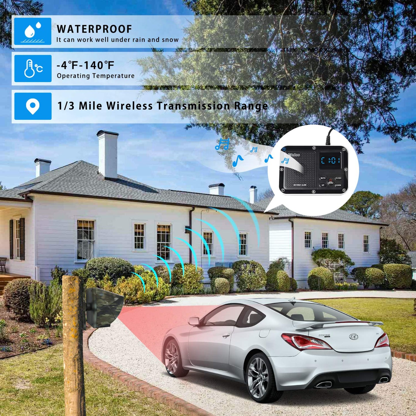 1800 Ft Wireless Outside Driveway Alarm Outdoor Motion Sensor & Detector Driveway Alert System, Rechargeable Battery/Weatherproof/Mute Mode/Clock