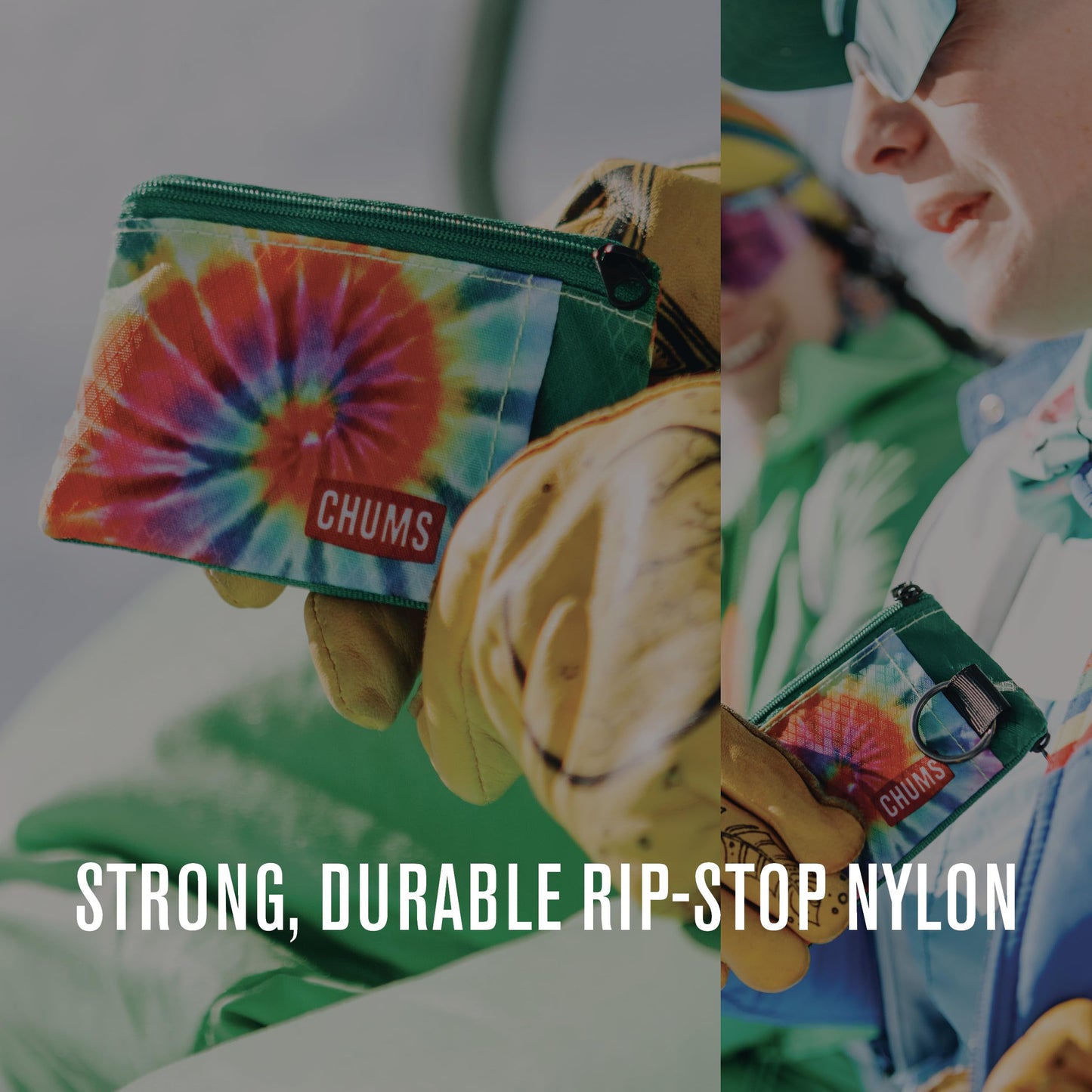 Chums Surfshorts Wallet – Lightweight Minimalist Zippered Wallet with Clear ID Window, Water-Resistant with Key Ring, Rainbow Tie Dye