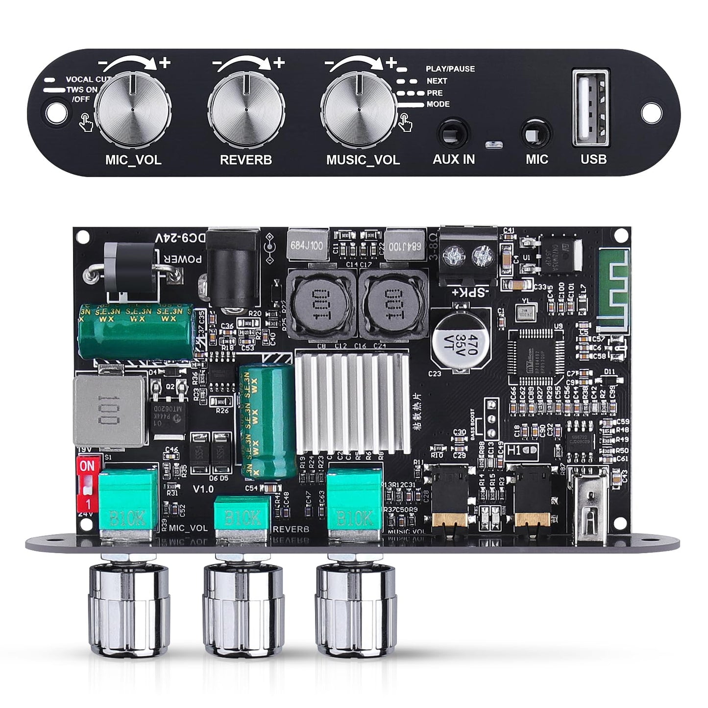 ZK-10001UM Bluetooth 5.3 Amplifier Board, 100W Mono Class D Power Amp with TWS Pairing, USB/AUX Input, Mic/Music Vol, Microphone Reverb Support EQ