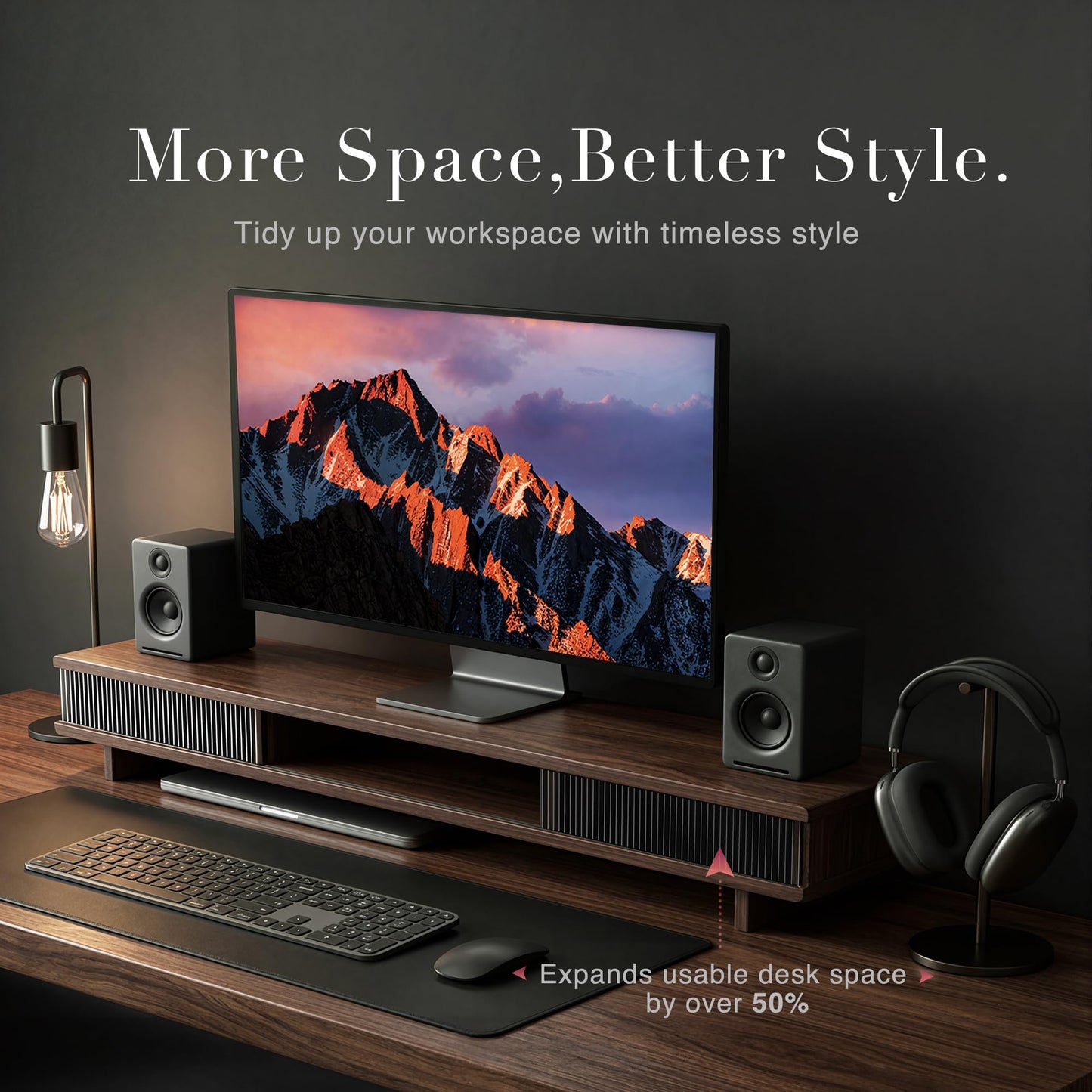 UniAbode Dual Monitor Riser with Sliding Doors & Storage - 42.5" Extra Wide Dual Monitor Stand for Desk Organizer,Desk Shelf for Office & Gaming