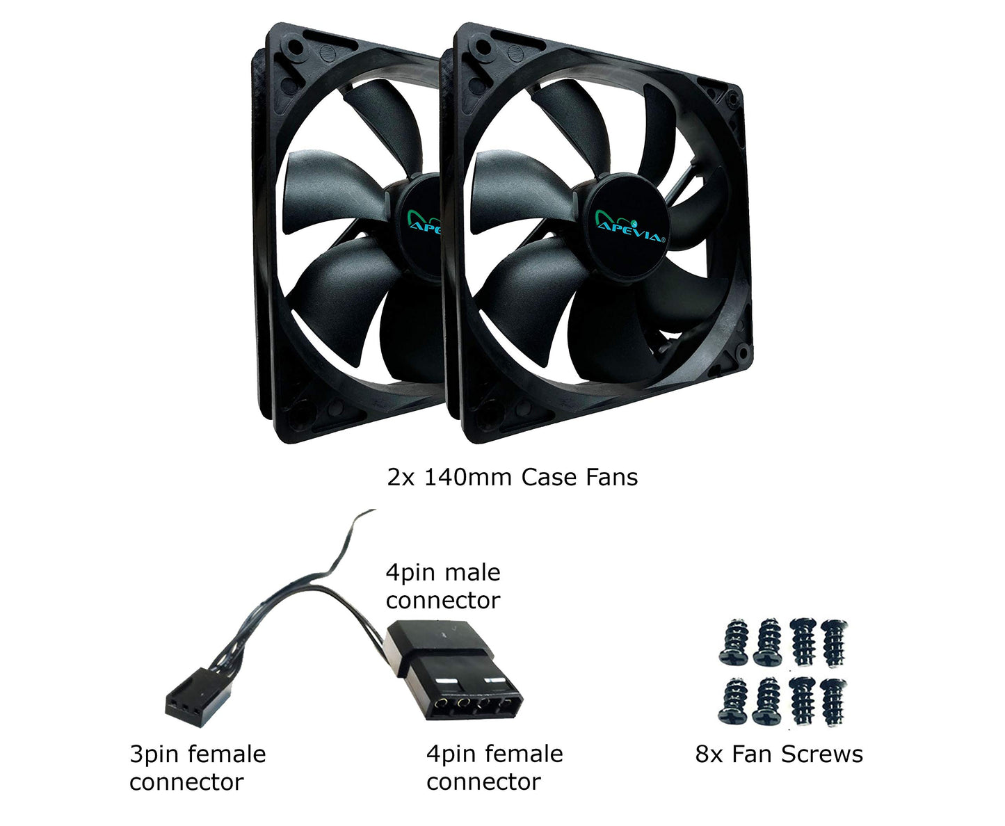 APEVIA CF214S-BK 140mm 4pin Molex & 3pin Motherboard Black Silent Case Fan (2-pk)