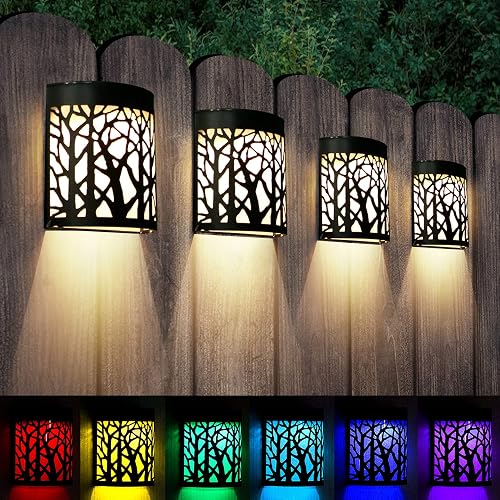 DenicMic Solar Wall Lights Outdoor Wall Sconce Fence Lighting for Patio Front Door Yard Deck Stair Led Forest Decorative Lamps, Waterproof, Warm White