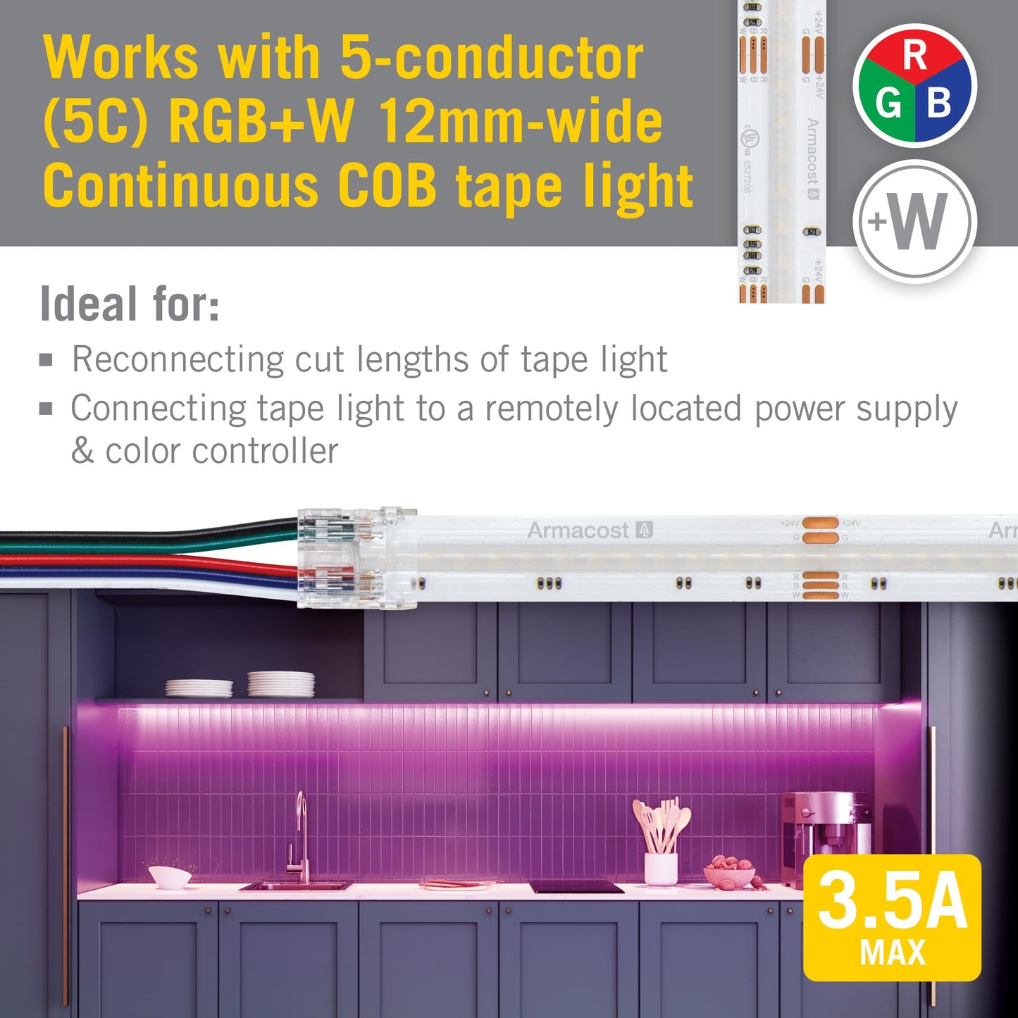 Armacost Lighting 5 Pin COB RGB+W 48" Tape to Wire LED Strip Light Connectors, 3 Pack 761821N