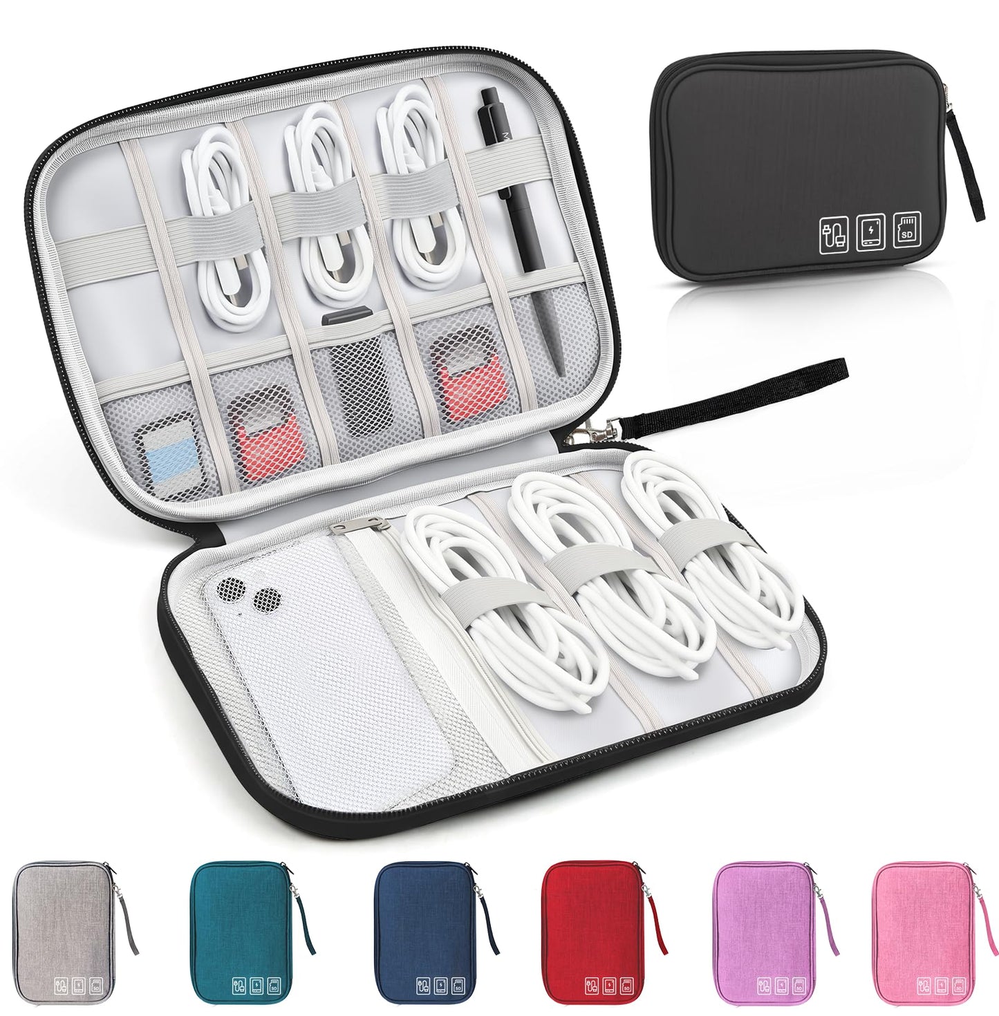 YONSEN Travel Cable Organizer Bag, Electronics Organizer Tech Pouch with Double Layers for Cords, Chargers, Phone, Earphones, USBs, SD Cards - Travel