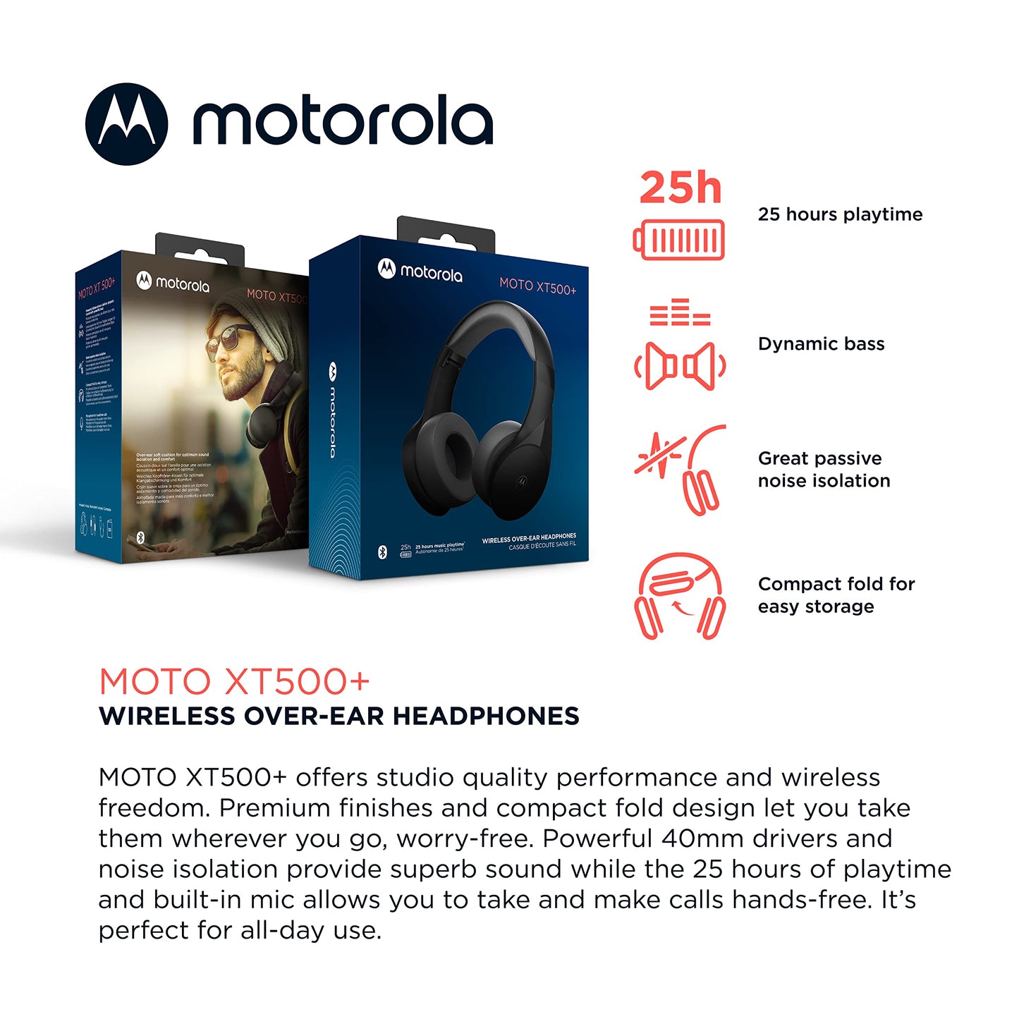 Motorola Bluetooth Wireless Headphones with Microphone, Moto XT500+ Over-Ear Headphones in-Line Control for Calls - Foldable Head Phones, Adjustable