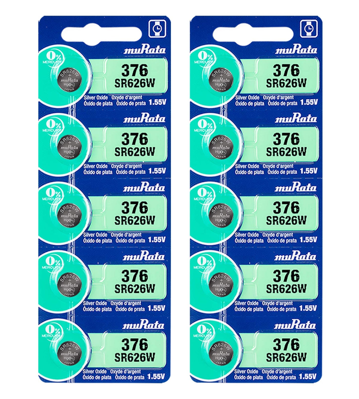 Murata 376 Battery SR626W 1.55V Silver Oxide Watch Button Cell (10 Batteries)