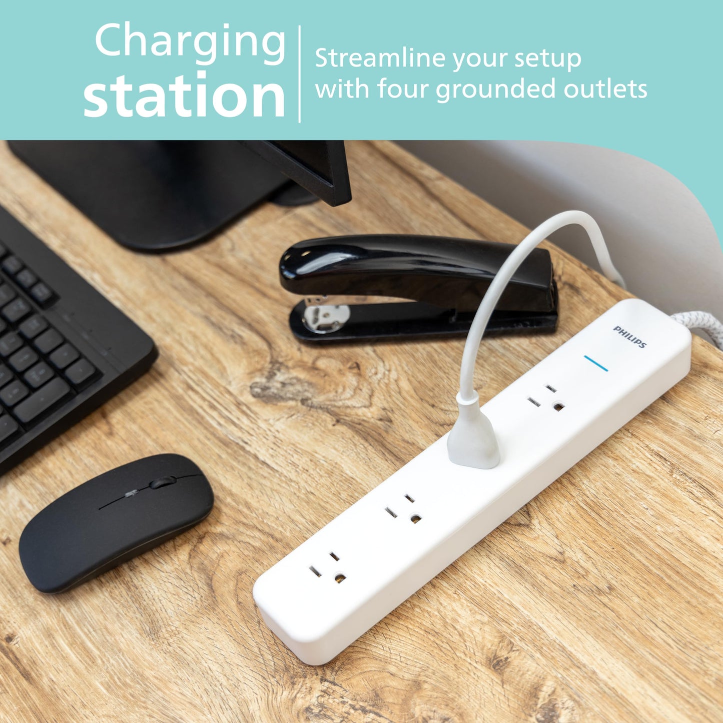 Philips 4-Outlet Surge Protector Power Strip, 4 Ft Braided Extension Cord, Multi Plug Outlet Extender, Adapter-Spaced, 450 Joules, White, SPP3563W/37