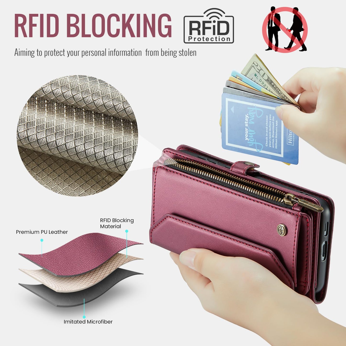 COVO for Samsung S24 Case with RFID Blocking for Samsung Galaxy S24 Wallet Case for Women Men, PU Leather Magnetic Flip Strap Zipper Card Holder Phone