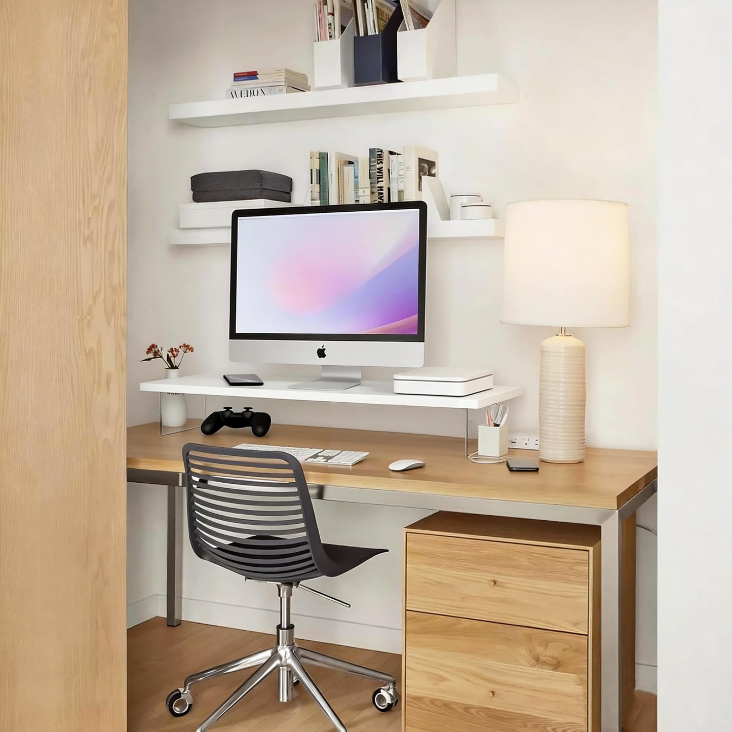 seicasaya Wood Monitor Stand Riser with Acrylic Legs, Computer Screen Stand Desk Organizer, 31.5 x 7.9 x 3.1 inch, Hold up to 66 lbs (White
