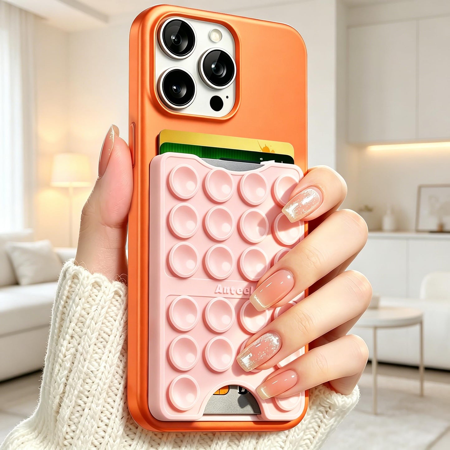 Anteel Silicone Suction Cup Card Holder Suitable for Phone Cases, Phone Wallet Stick to The Back of The Phone, Can Hold Up to 3 Cards, Suitable