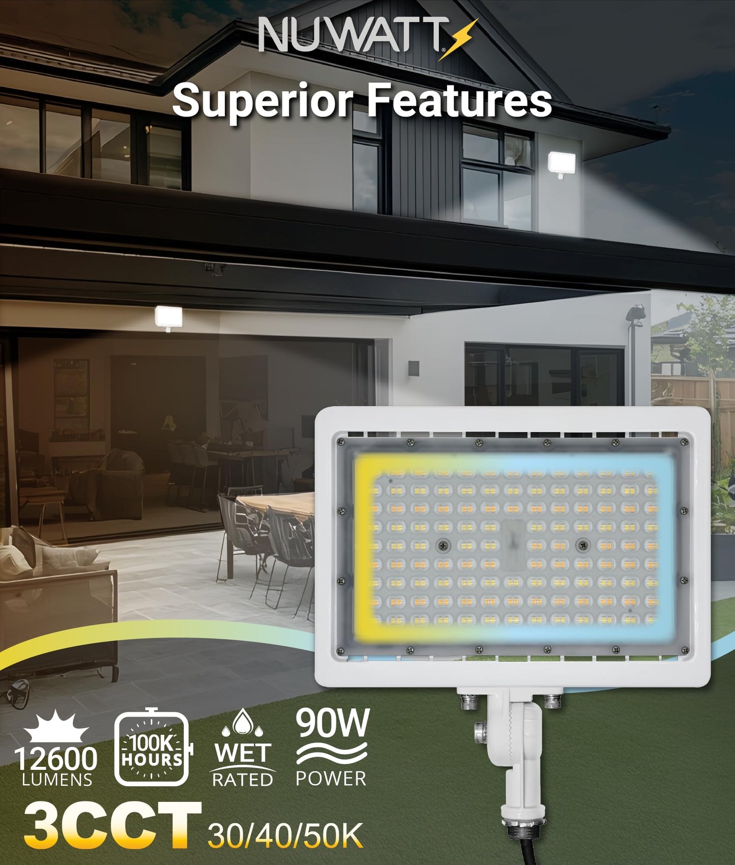 NUWATT 90W LED Flood Light, 3CCT 3000K/4000K/5000K Selectable, IP65 Waterproof Lighting, Adjustable Knuckle Mount, 12600LM, 0-10V Dimmable, 120-277V